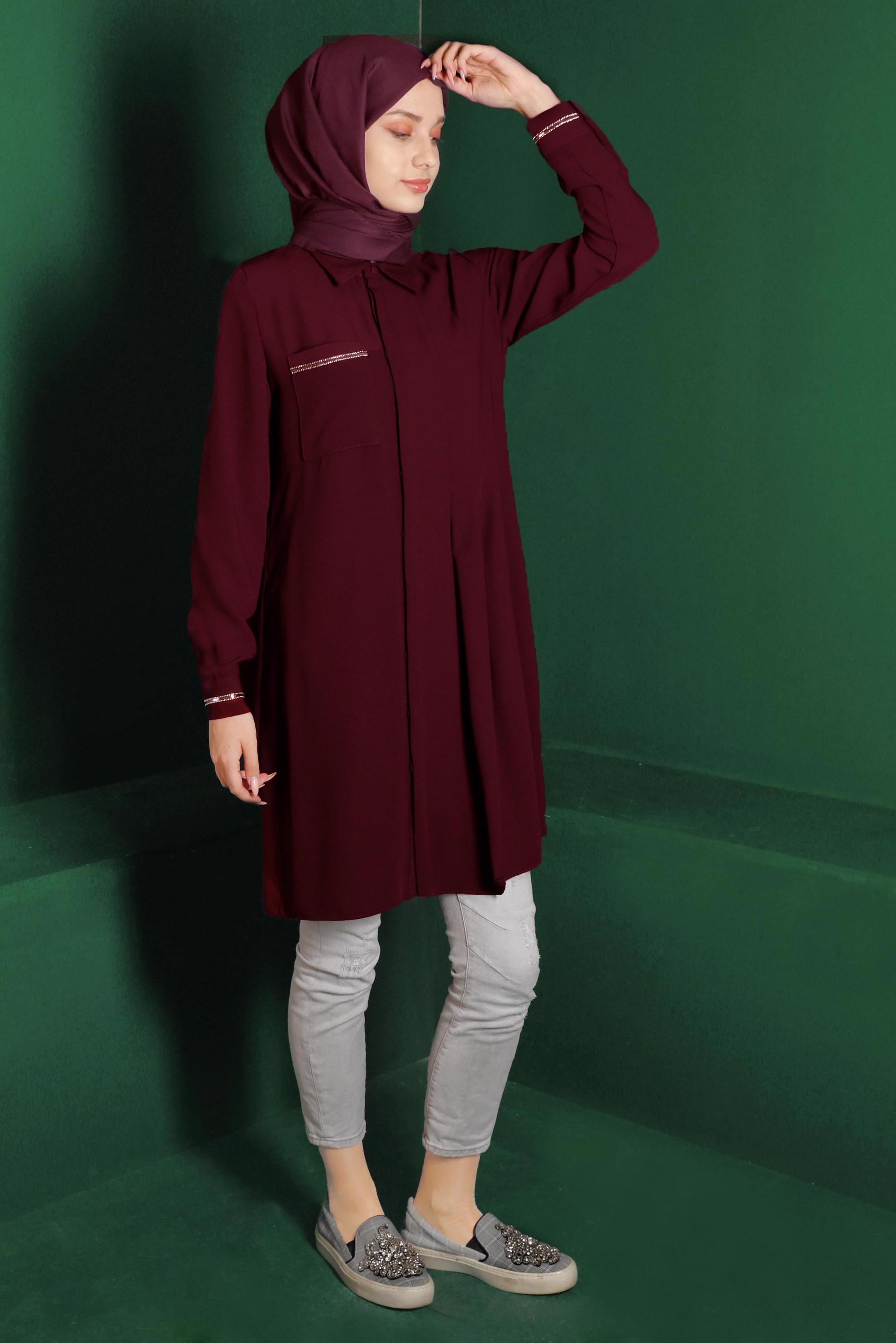 Tesettür giyim BORDO CEP DETAYLI TUNİK 42901 