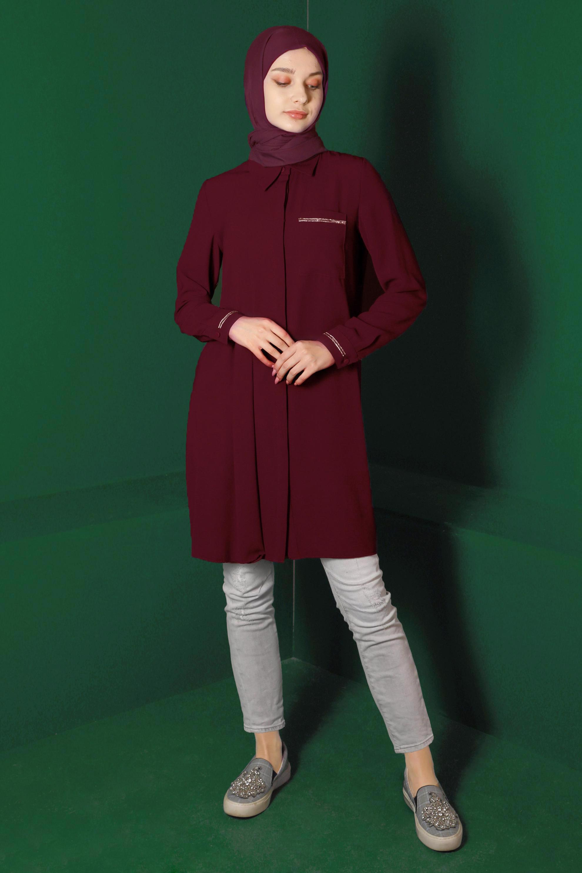 Tesettür giyim BORDO CEP DETAYLI TUNİK 42901 