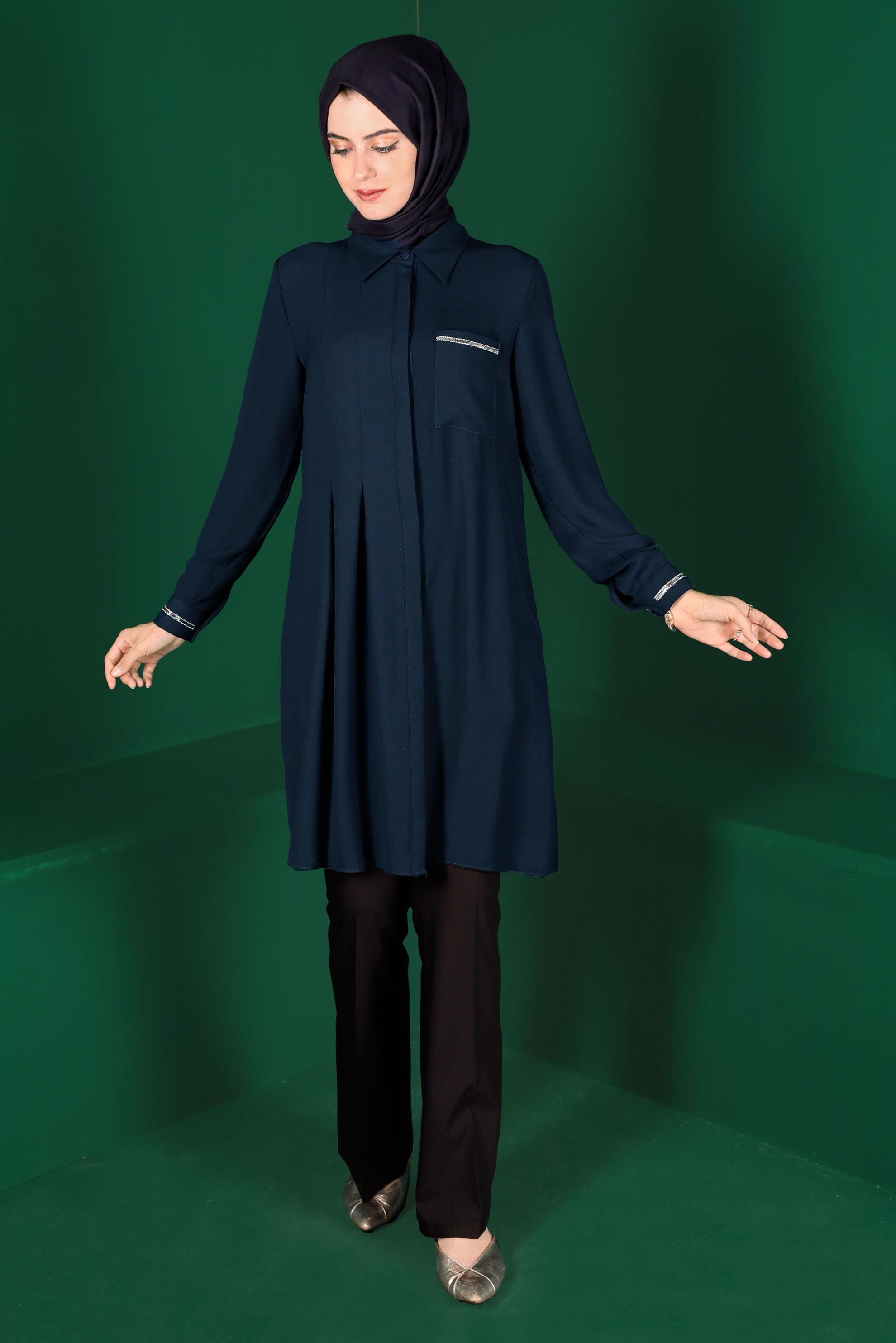 Tesettür giyim LACİVERT CEP DETAYLI TUNİK 42901 