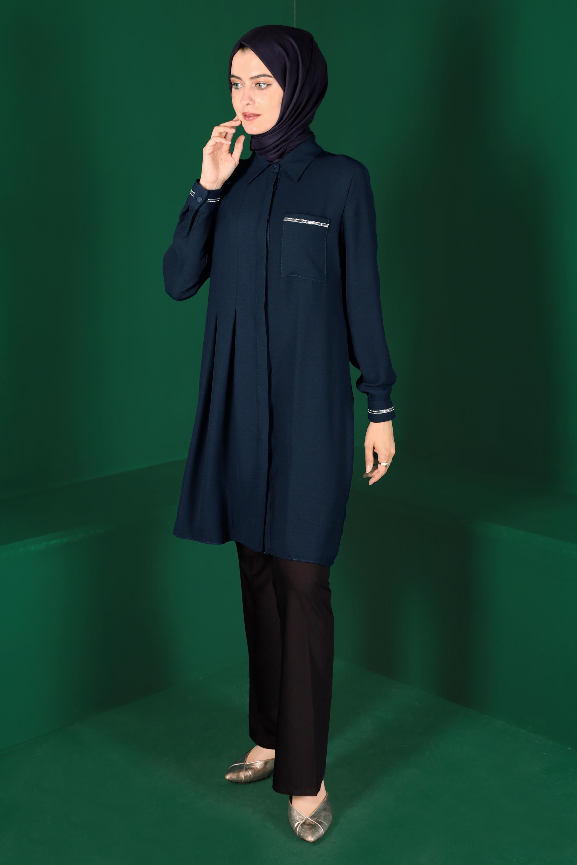 Tesettür giyim LACİVERT CEP DETAYLI TUNİK 42901 