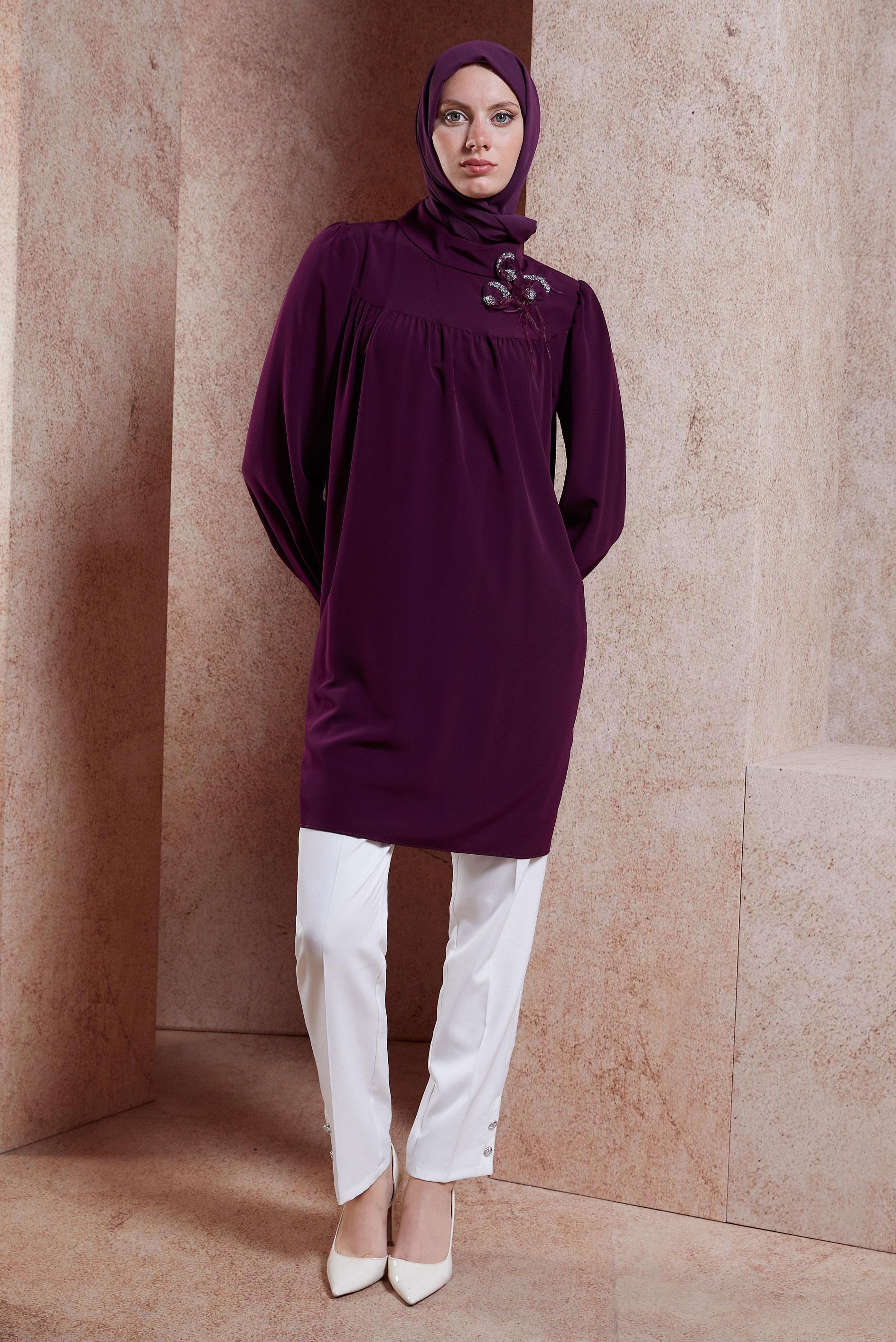 Tesettür giyim MOR TAŞ DETAYLI TESETTÜR TUNİK 42902