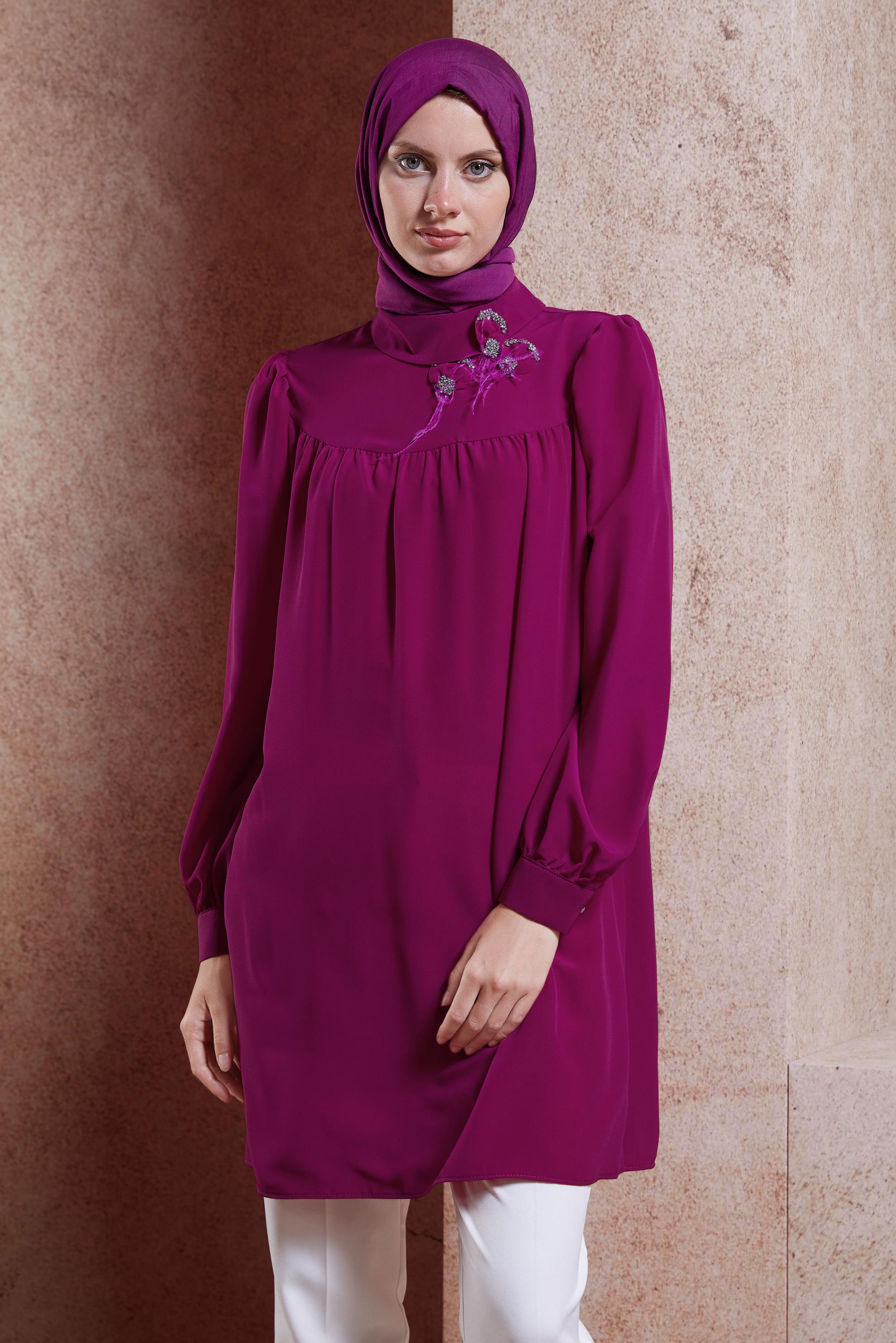 Tesettür giyim FUŞYA TAŞ DETAYLI TESETTÜR TUNİK 42902