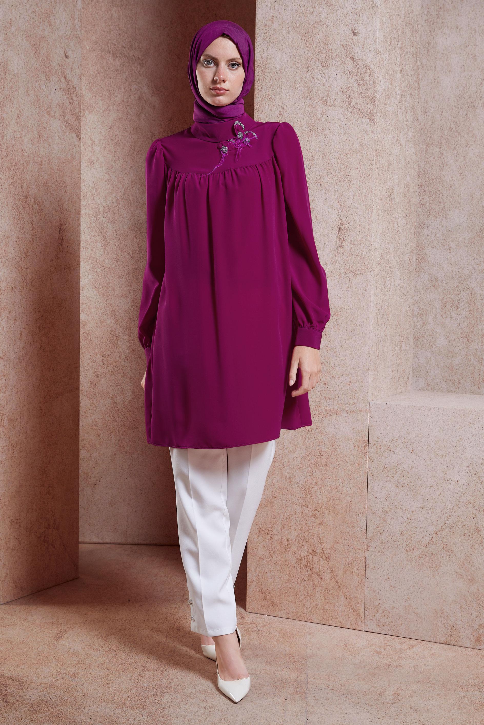 Tesettür giyim FUŞYA TAŞ DETAYLI TESETTÜR TUNİK 42902