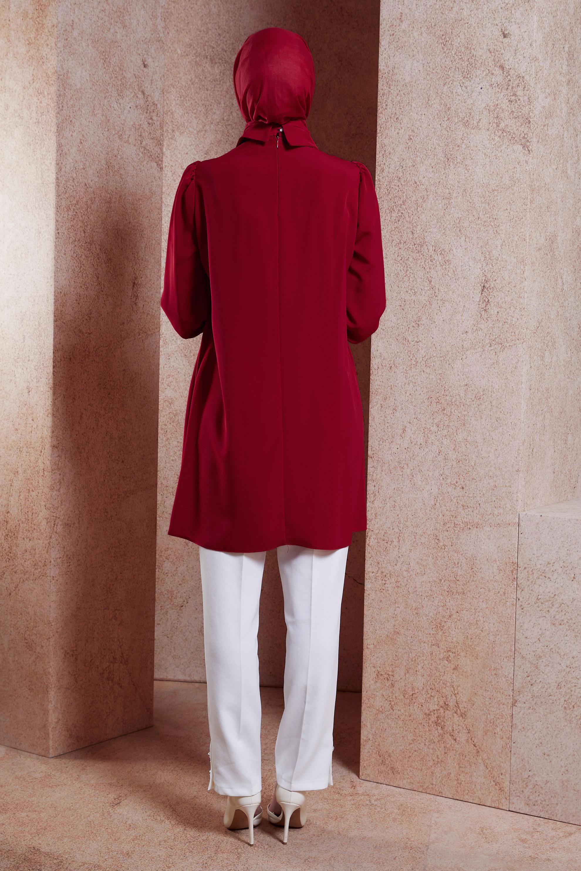 Tesettür giyim BORDO TAŞ DETAYLI TESETTÜR TUNİK 42902