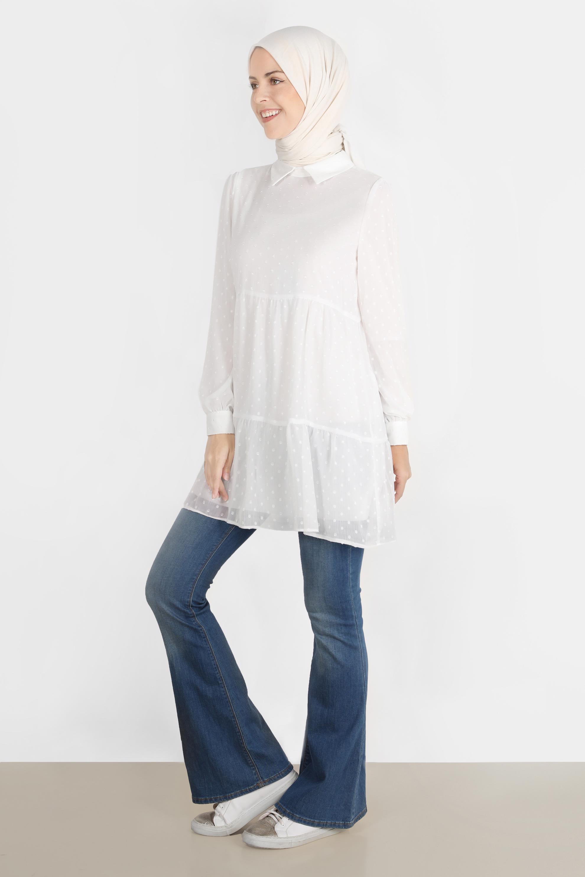 Tesettür giyim BEYAZ PUANTİYELİ KATLI TUNİK 42903 