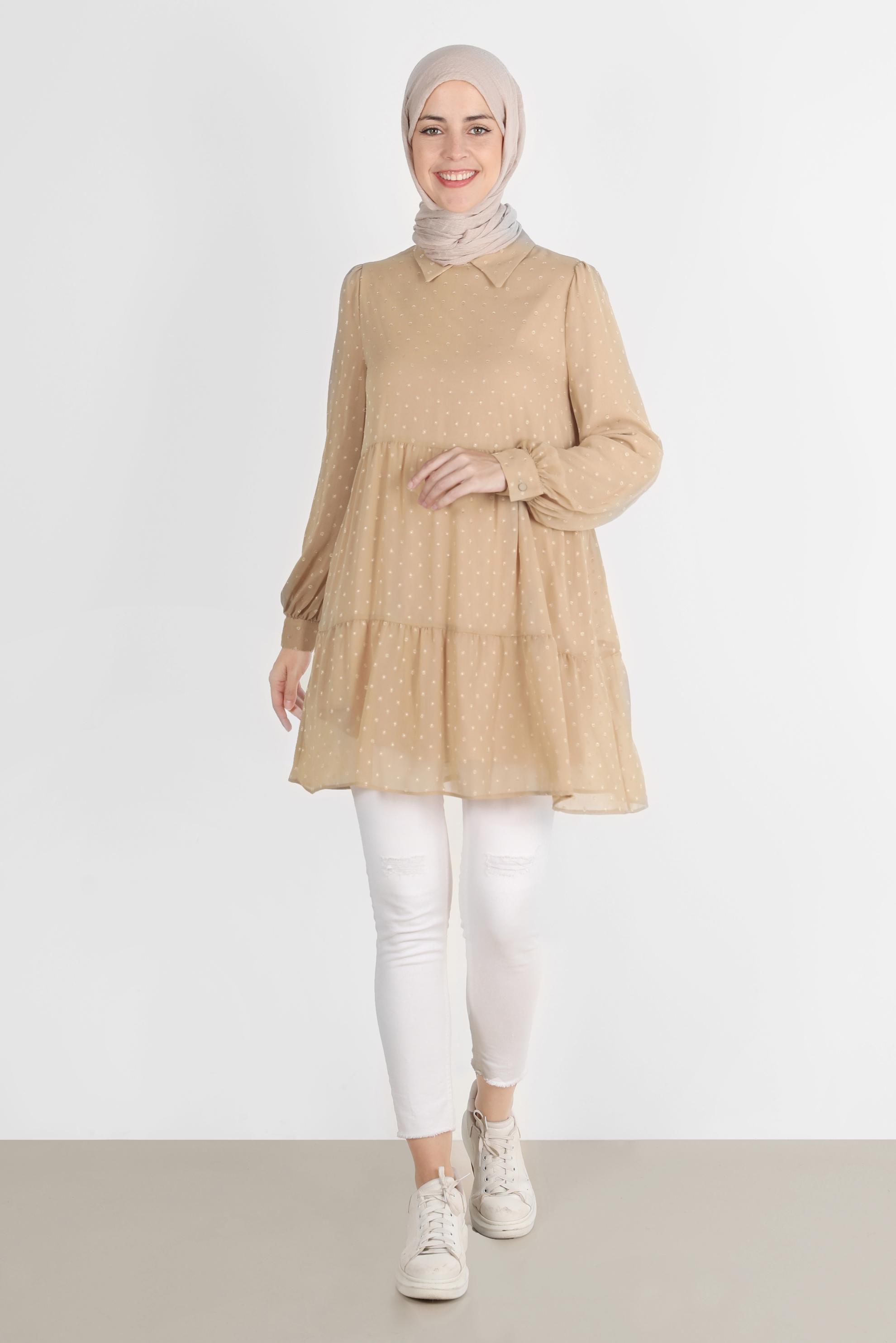 Tesettür giyim BEJ PUANTİYELİ KATLI TUNİK 42903 