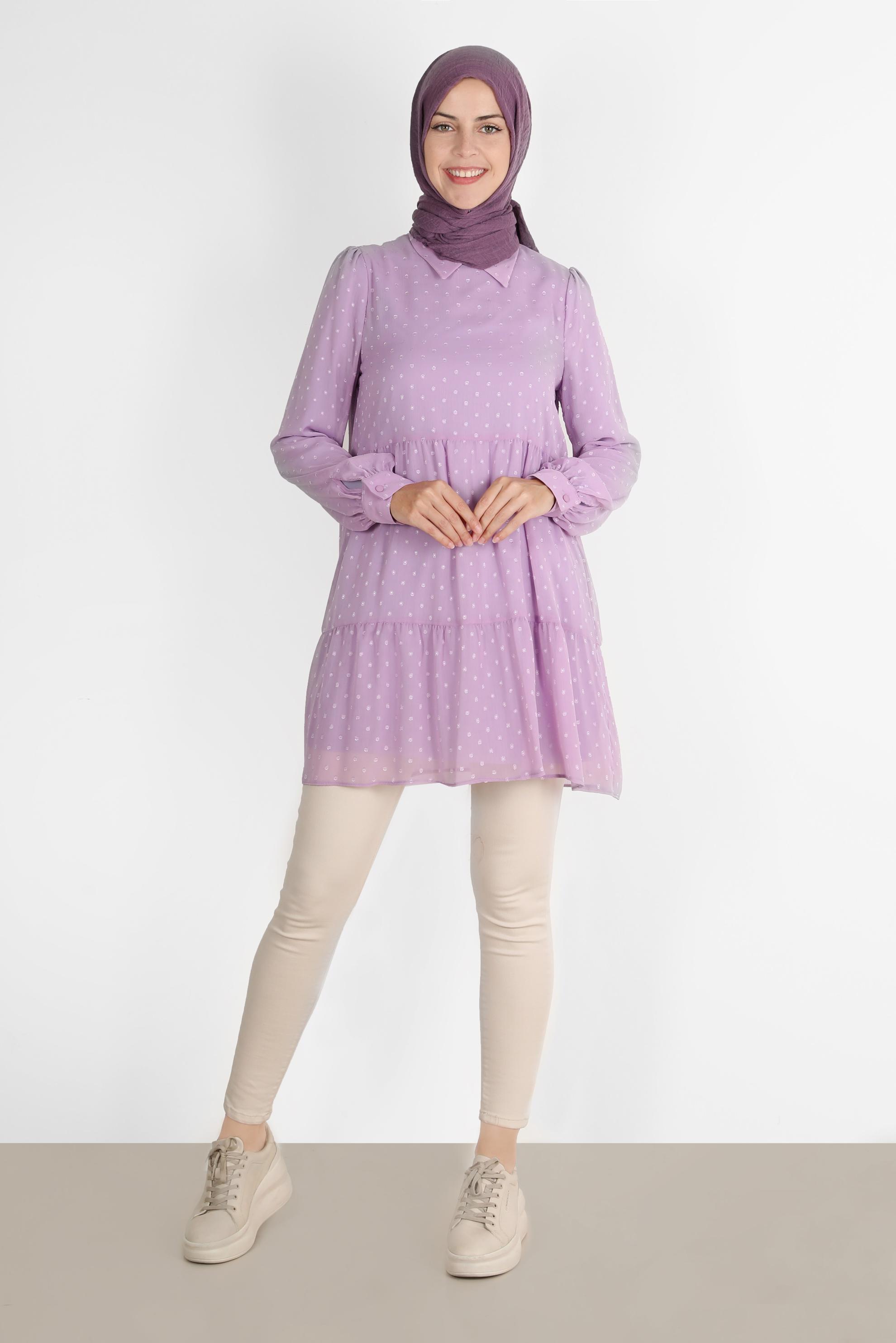 Tesettür giyim MOR PUANTİYELİ KATLI TUNİK 42903 