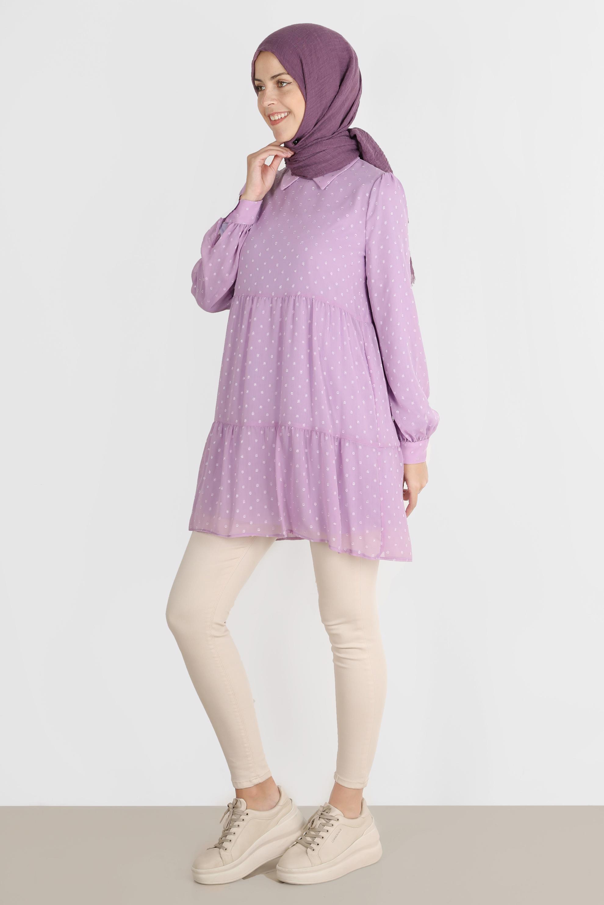 Tesettür giyim MOR PUANTİYELİ KATLI TUNİK 42903 
