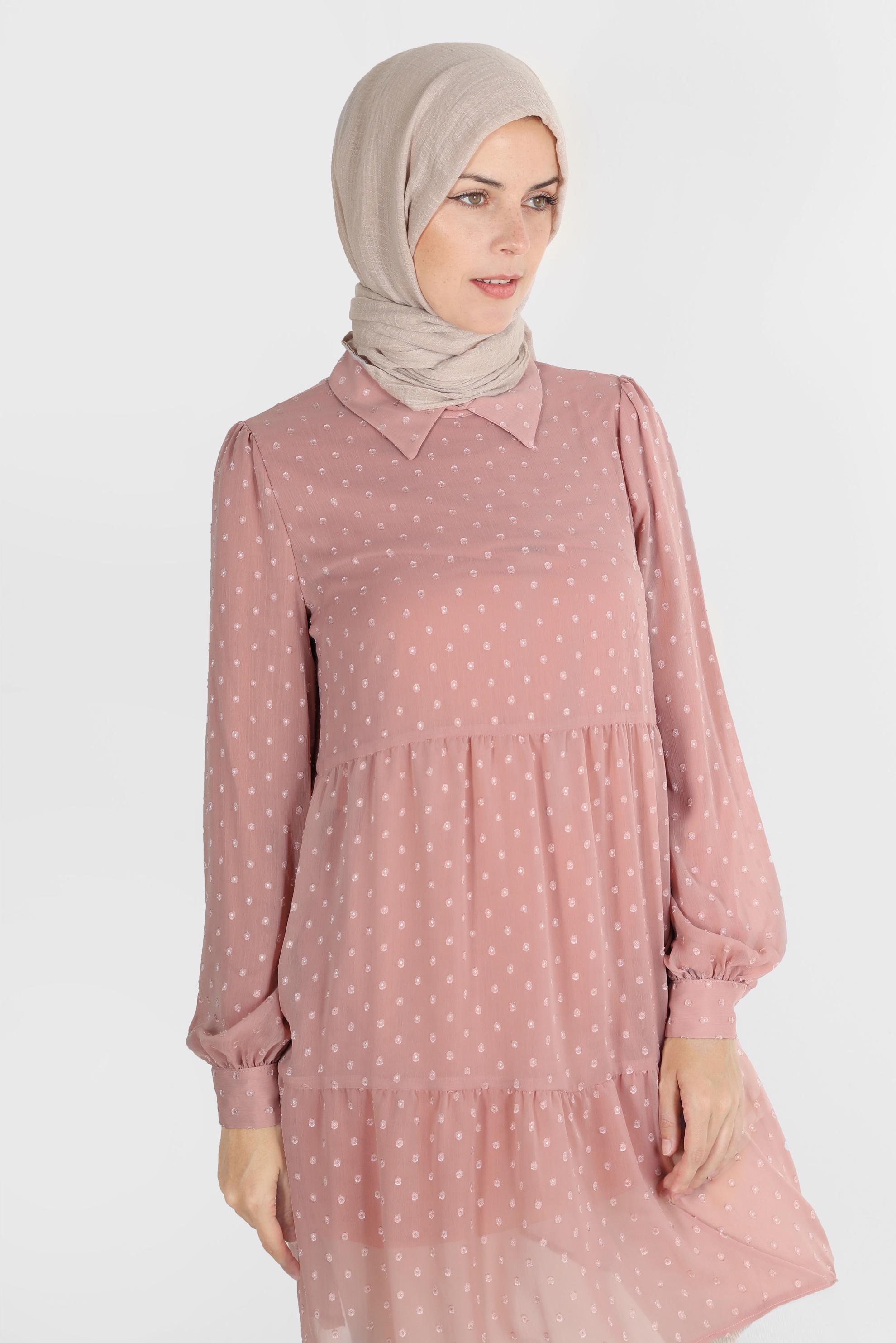 Tesettür giyim PUDRA PUANTİYELİ KATLI TUNİK 42903 