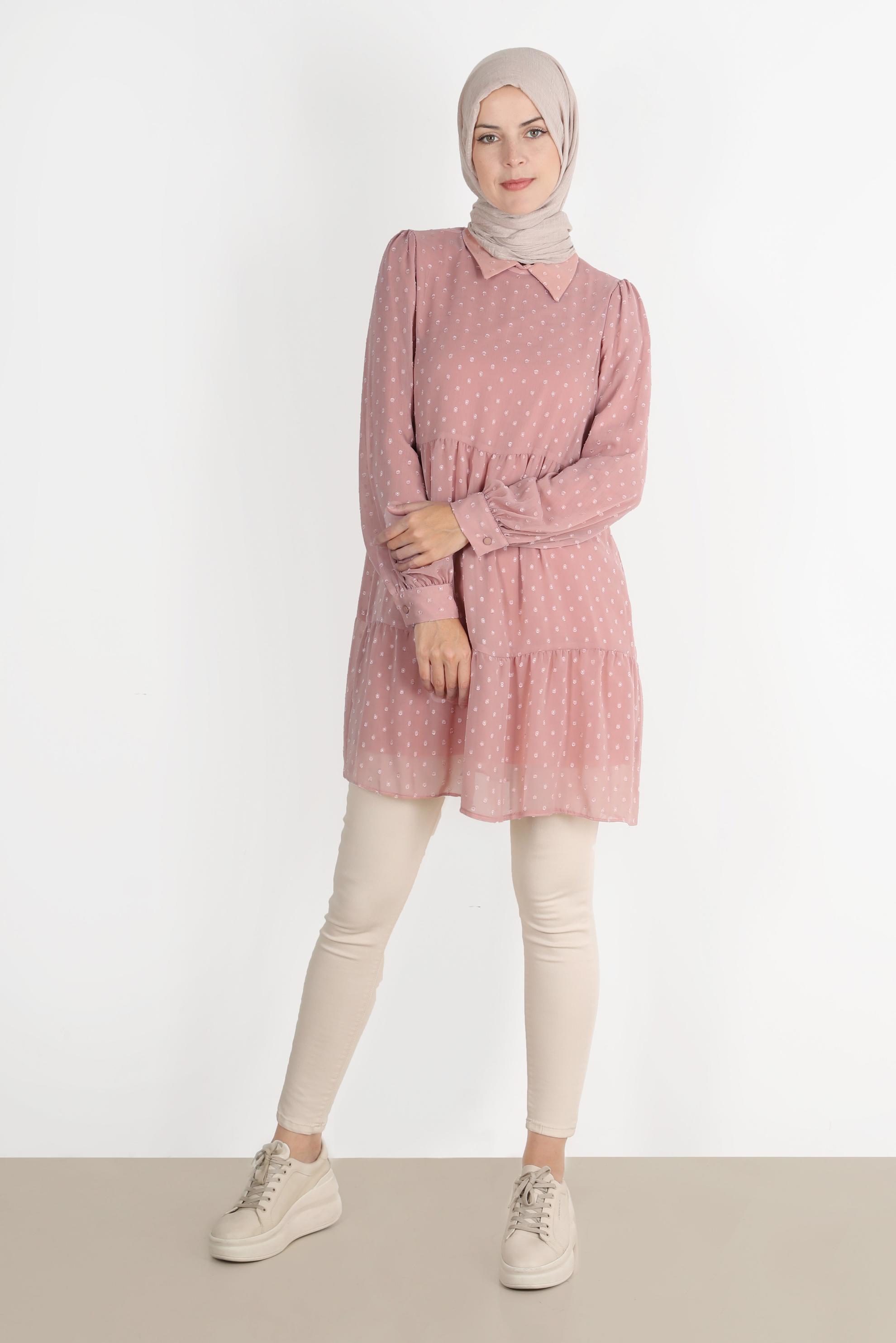 Tesettür giyim PUDRA PUANTİYELİ KATLI TUNİK 42903 