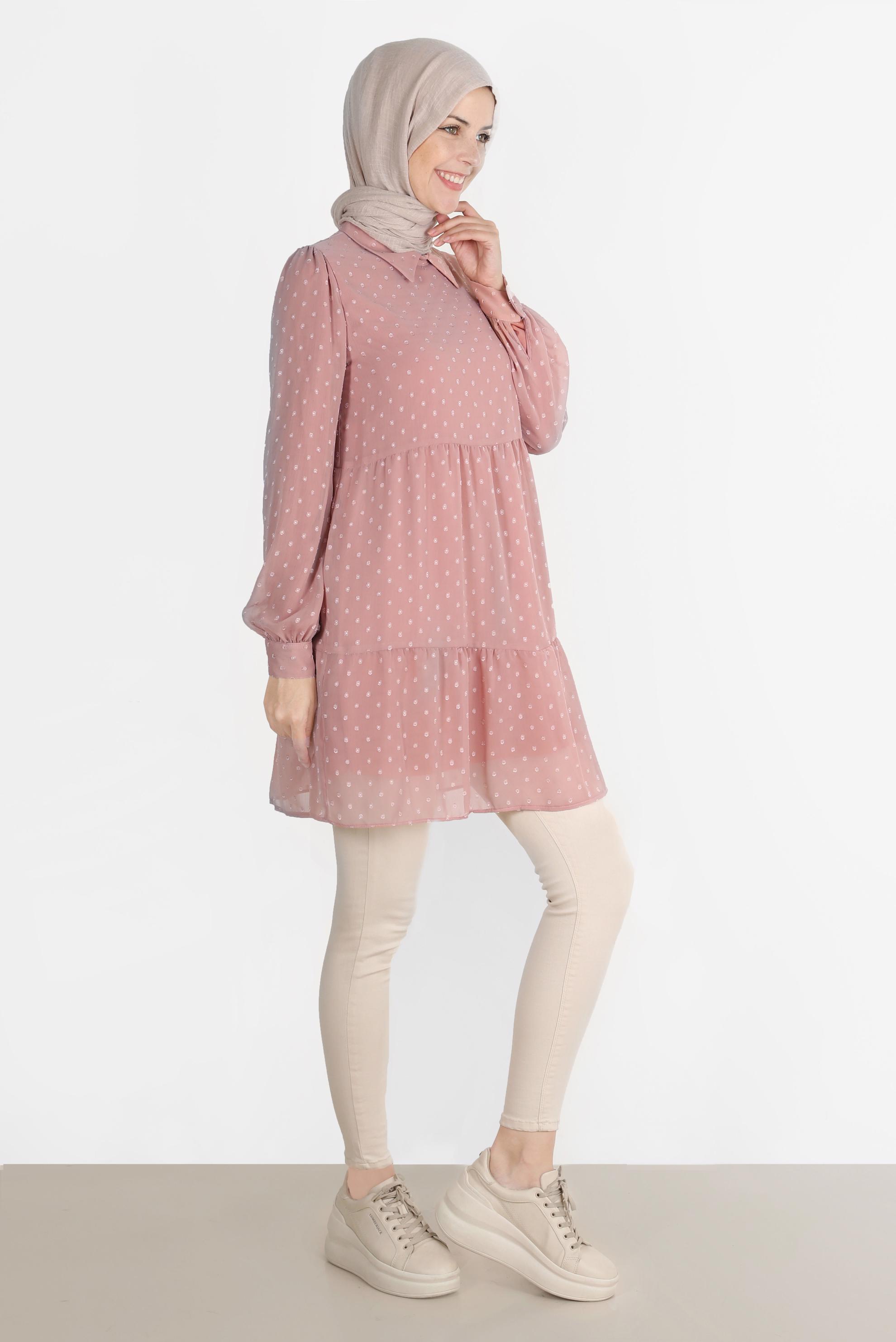 Tesettür giyim PUDRA PUANTİYELİ KATLI TUNİK 42903 