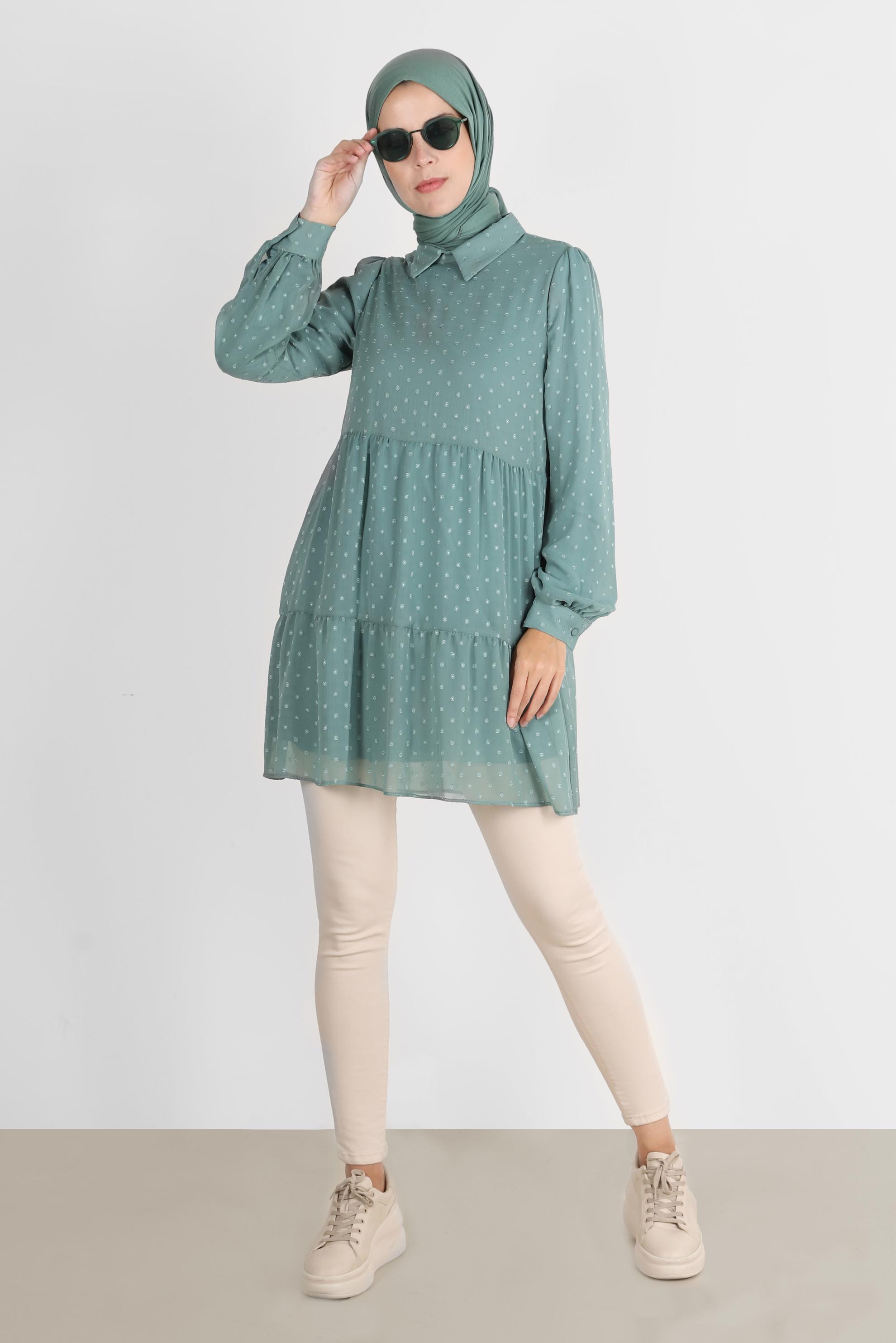 Tesettür giyim MAVİ PUANTİYELİ KATLI TUNİK 42903 