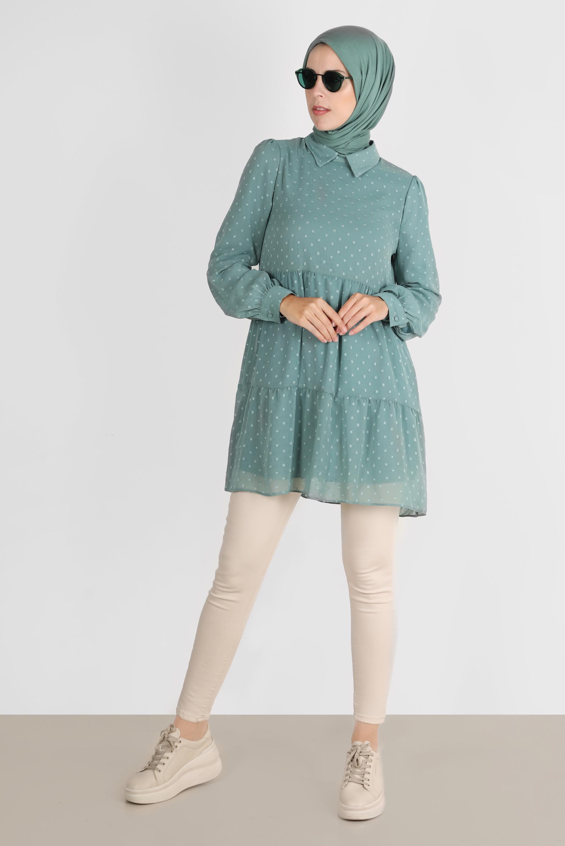 Tesettür giyim MAVİ PUANTİYELİ KATLI TUNİK 42903 