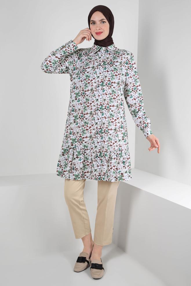 Tesettür giyim KAHVE DESENLİ DÜĞMELİ TUNİK 42904  - ALVİNA