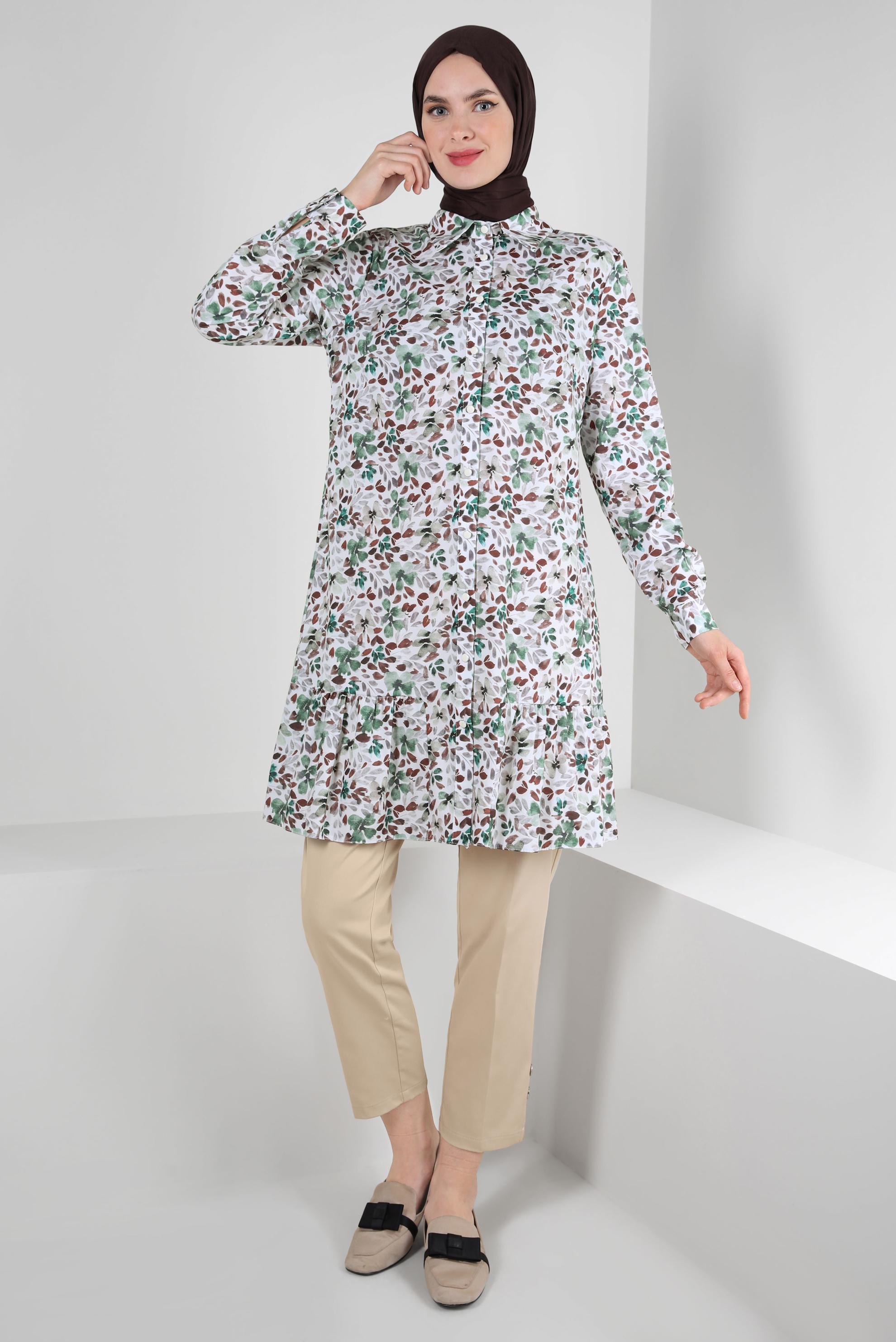 Tesettür giyim KAHVE DESENLİ DÜĞMELİ TUNİK 42904 