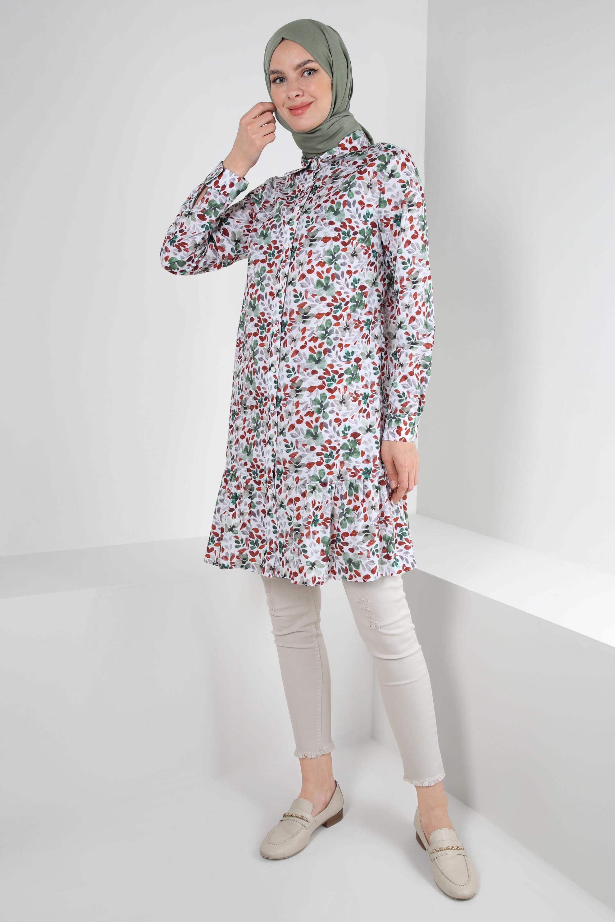 Tesettür giyim BORDO DESENLİ DÜĞMELİ TUNİK 42904 