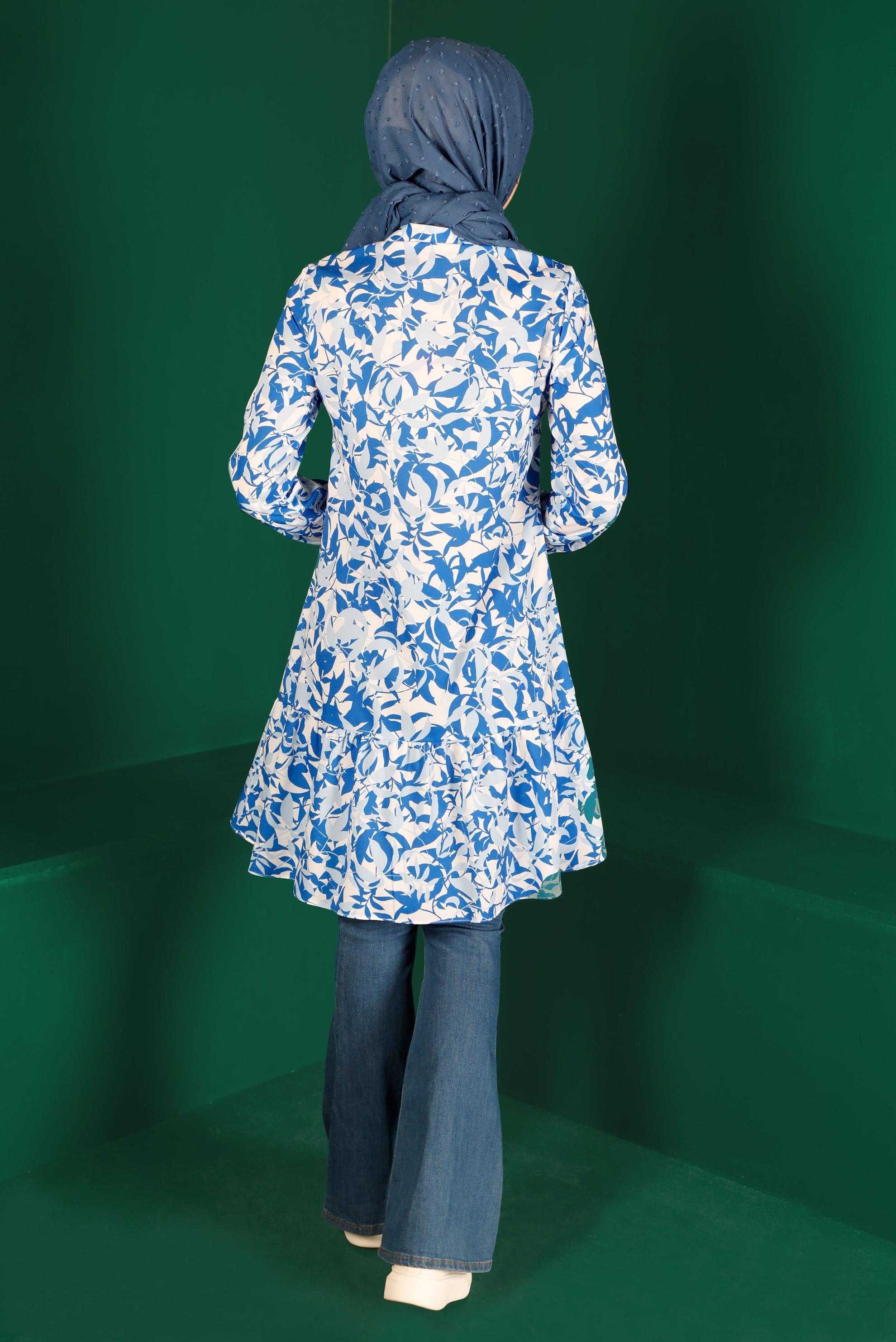 Tesettür giyim MAVİ YAKASI BAĞLAMALI DESENLİ TUNİK 42906 