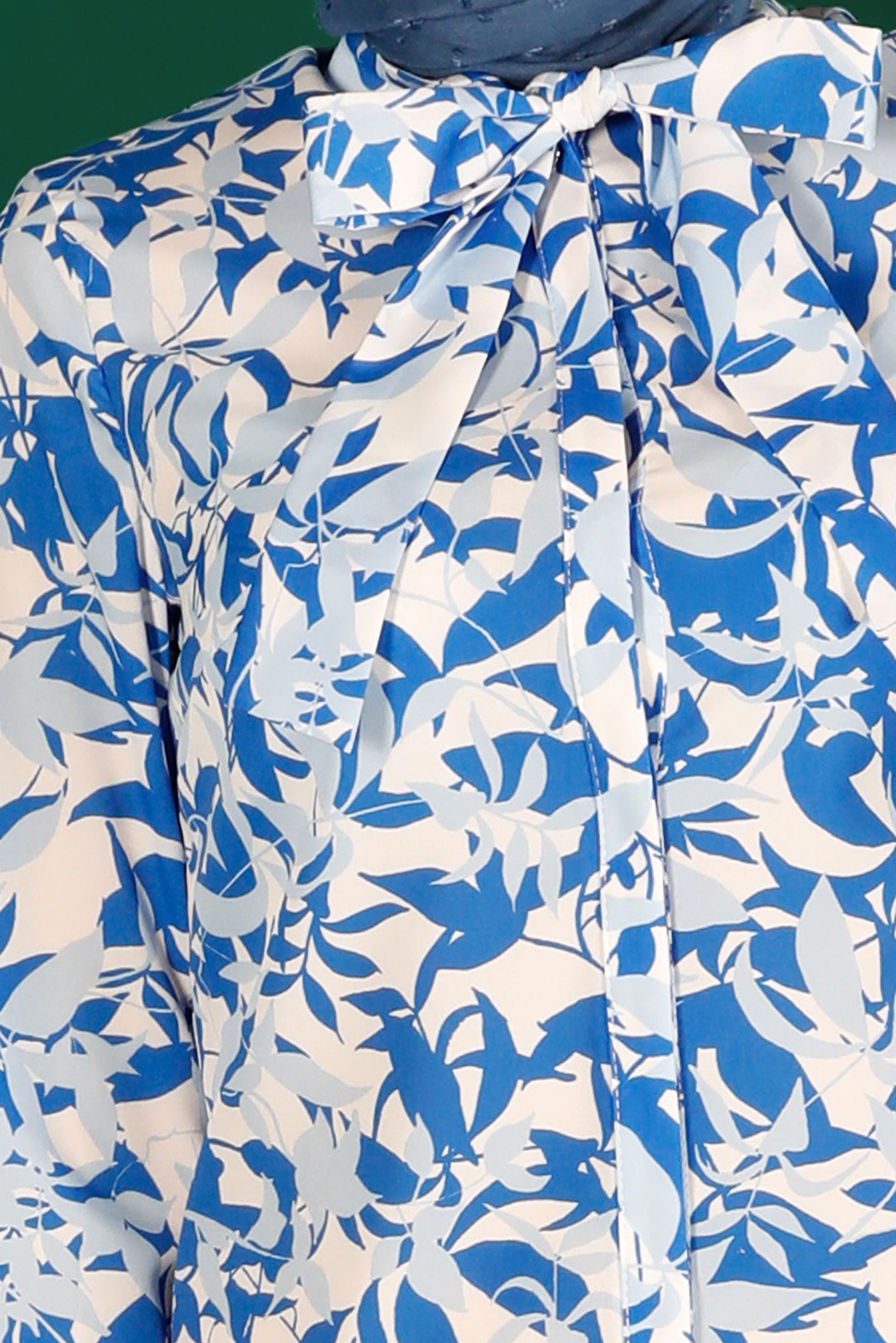 Tesettür giyim MAVİ YAKASI BAĞLAMALI DESENLİ TUNİK 42906 