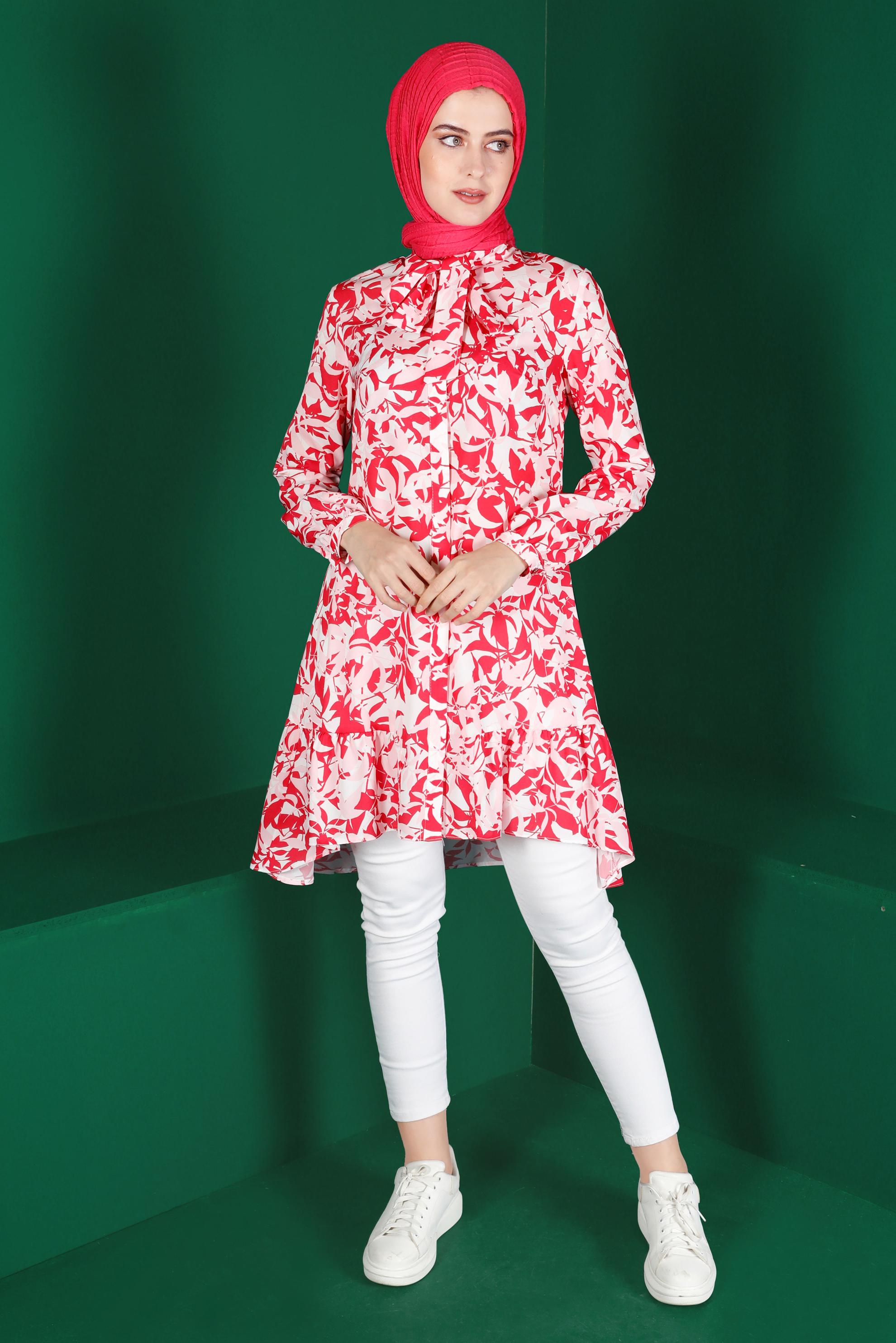 Tesettür giyim FUŞYA YAKASI BAĞLAMALI DESENLİ TUNİK 42906 