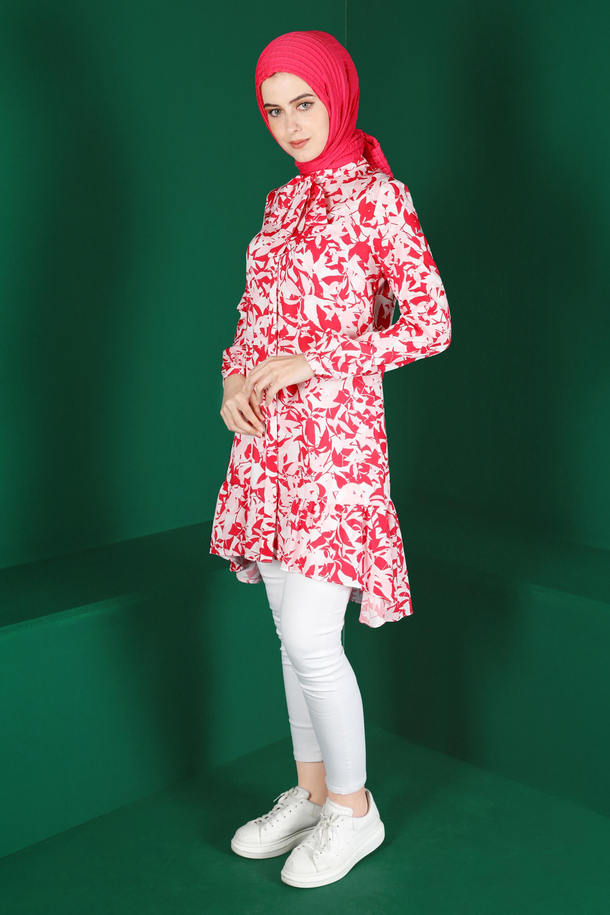 Tesettür giyim FUŞYA YAKASI BAĞLAMALI DESENLİ TUNİK 42906 