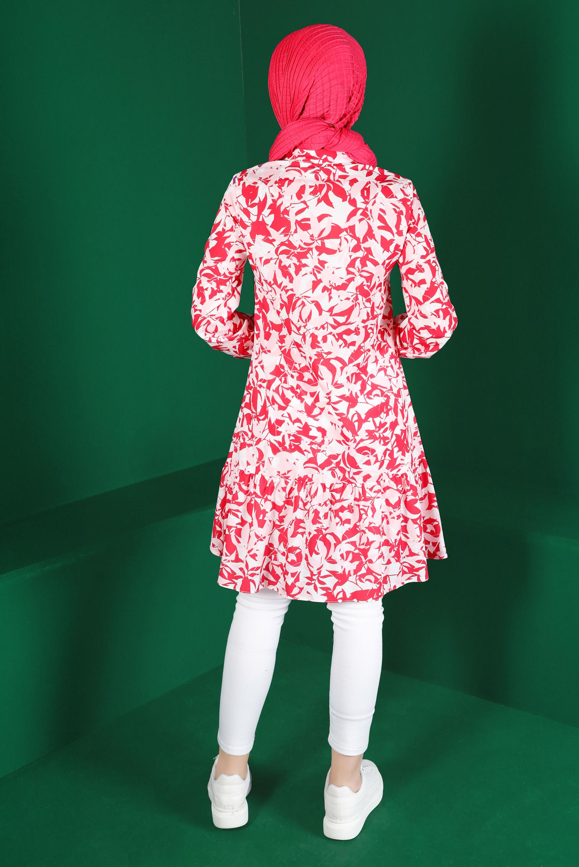 Tesettür giyim FUŞYA YAKASI BAĞLAMALI DESENLİ TUNİK 42906 