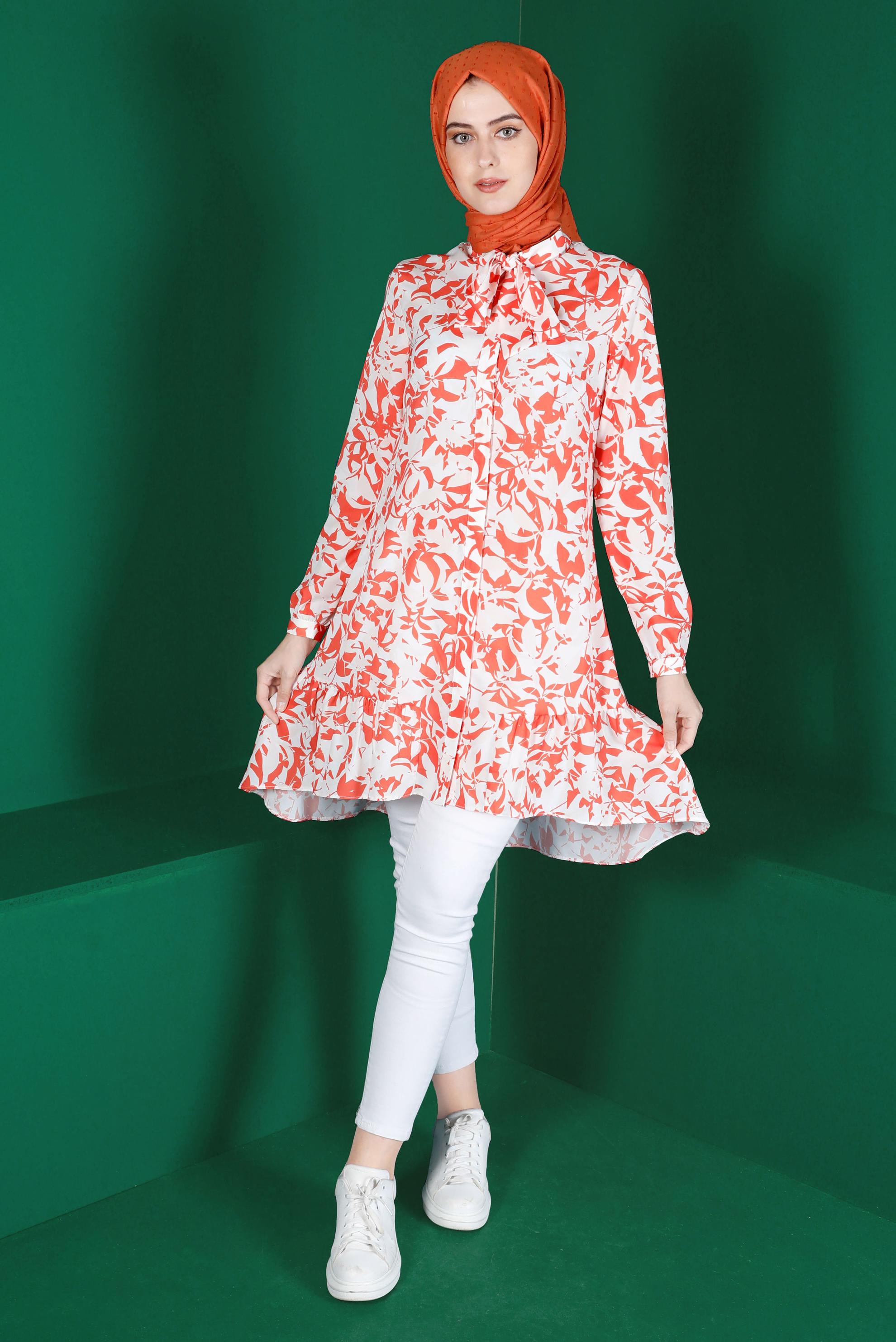 Tesettür giyim MERCAN YAKASI BAĞLAMALI DESENLİ TUNİK 42906 