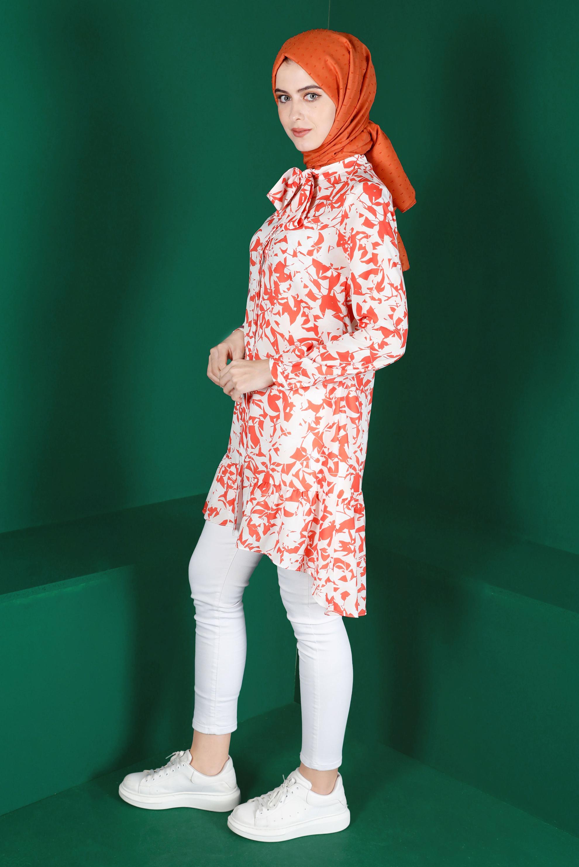 Tesettür giyim MERCAN YAKASI BAĞLAMALI DESENLİ TUNİK 42906 