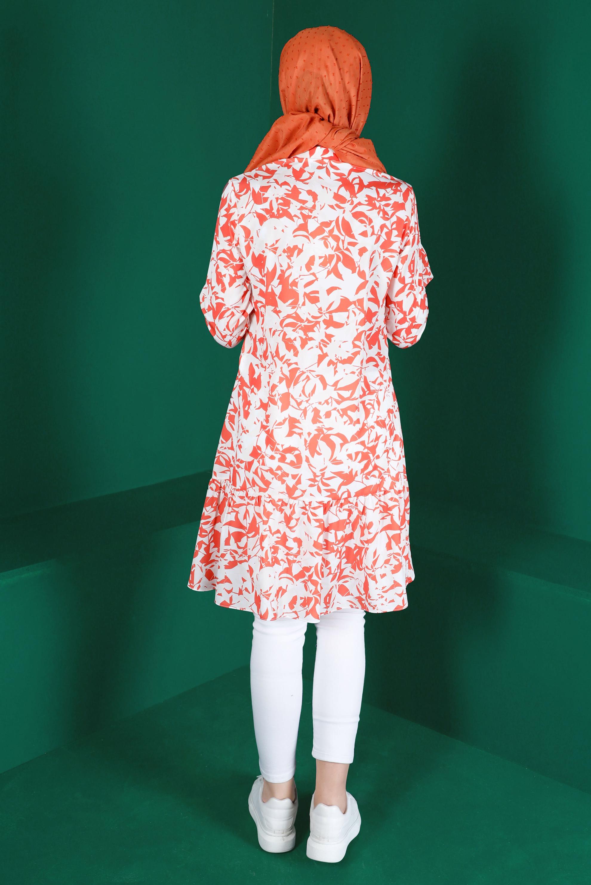 Tesettür giyim MERCAN YAKASI BAĞLAMALI DESENLİ TUNİK 42906 