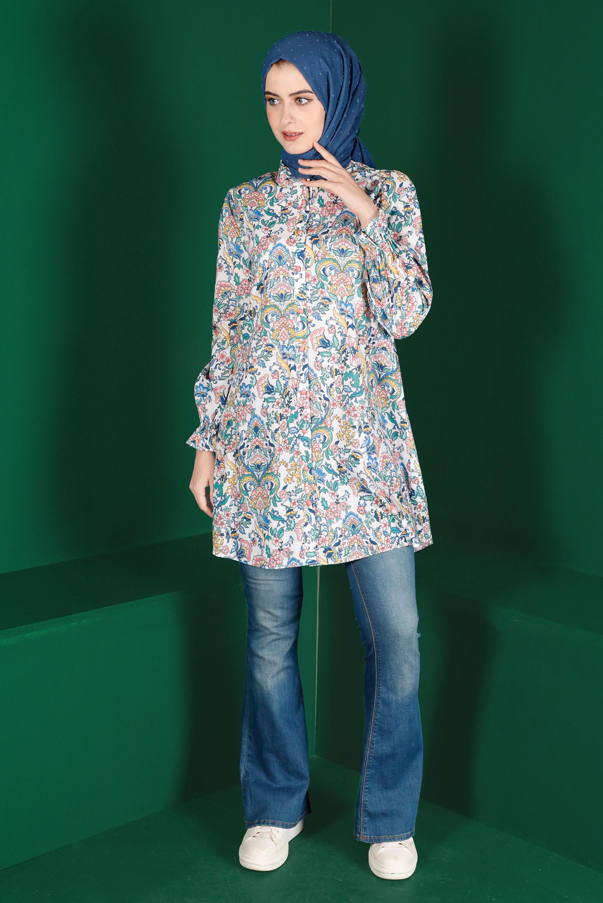Tesettür giyim YEŞİL ÇİÇEK DESENLİ DÜĞMELİ TUNİK 42912 