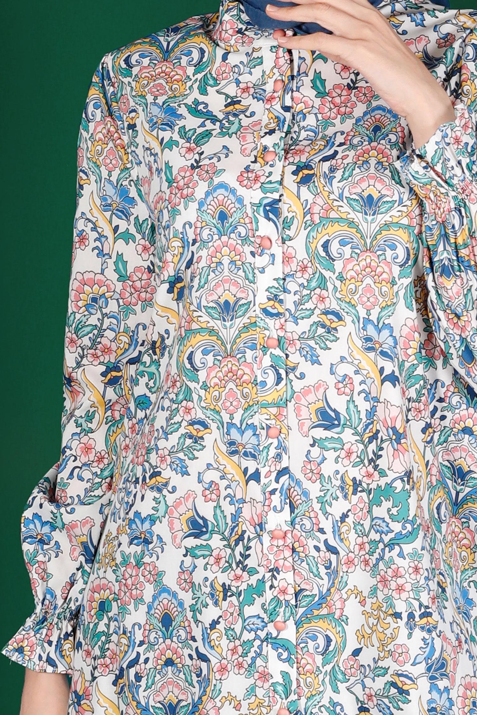 Tesettür giyim YEŞİL ÇİÇEK DESENLİ DÜĞMELİ TUNİK 42912 