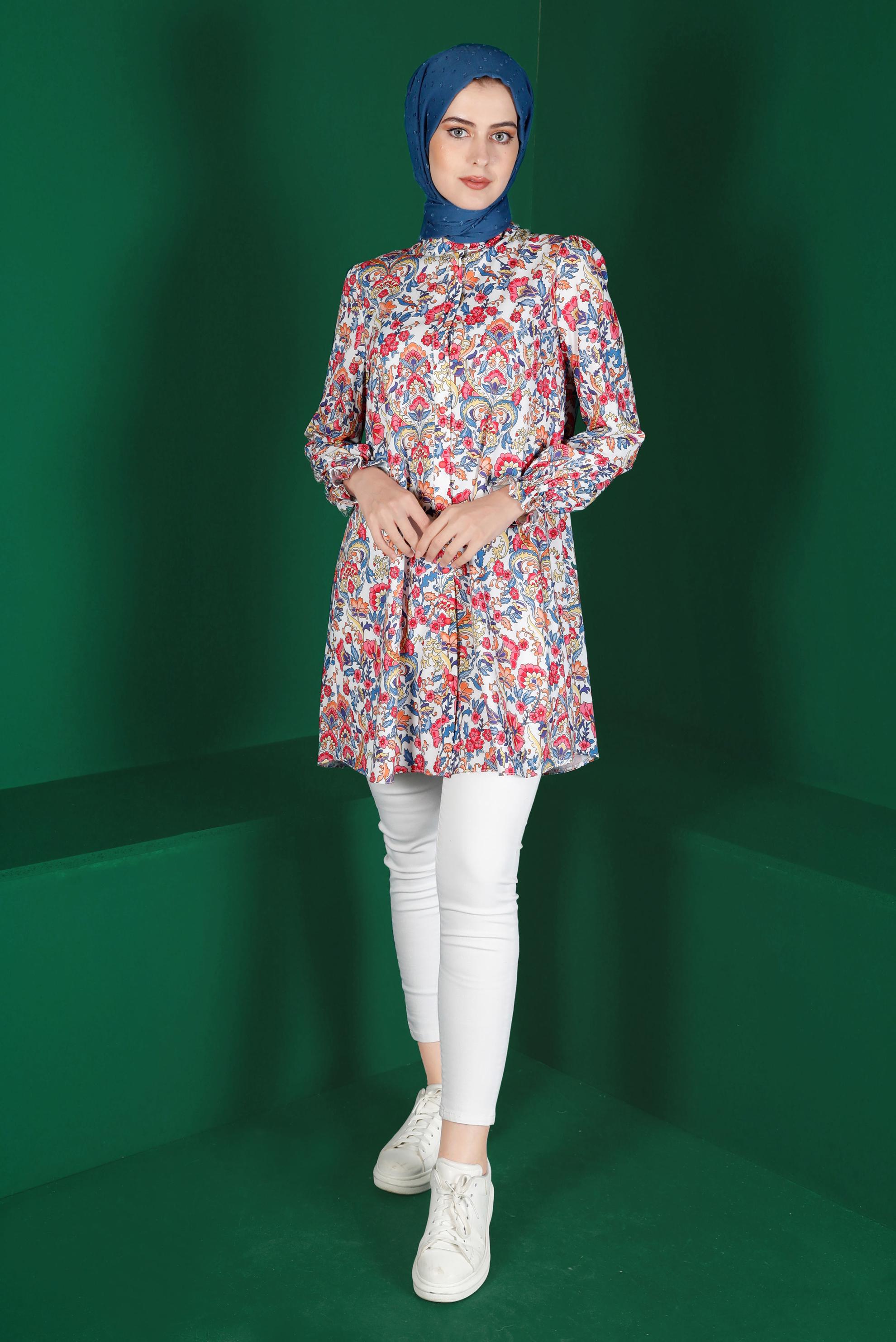 Tesettür giyim FUŞYA ÇİÇEK DESENLİ DÜĞMELİ TUNİK 42912 