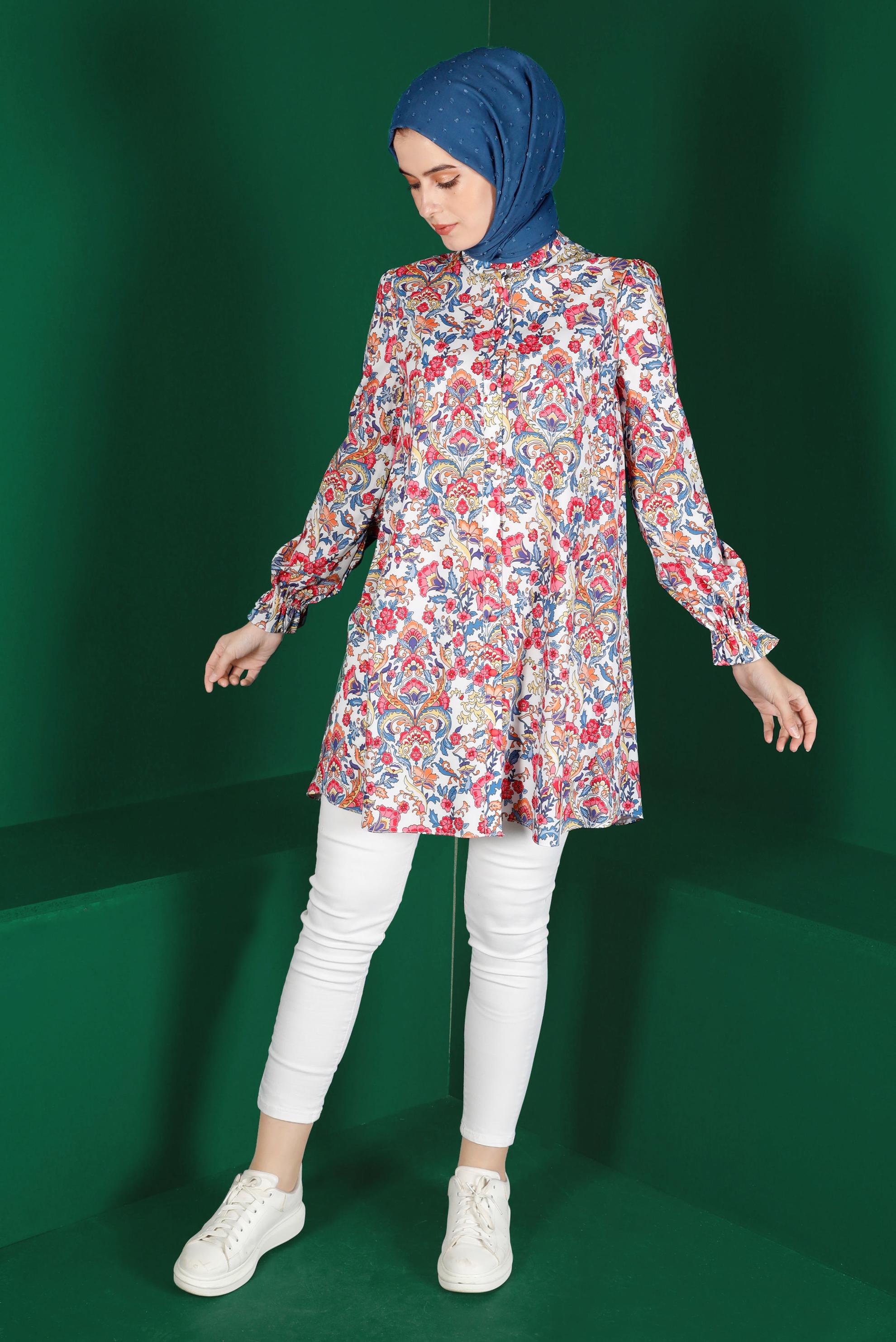 Tesettür giyim FUŞYA ÇİÇEK DESENLİ DÜĞMELİ TUNİK 42912 