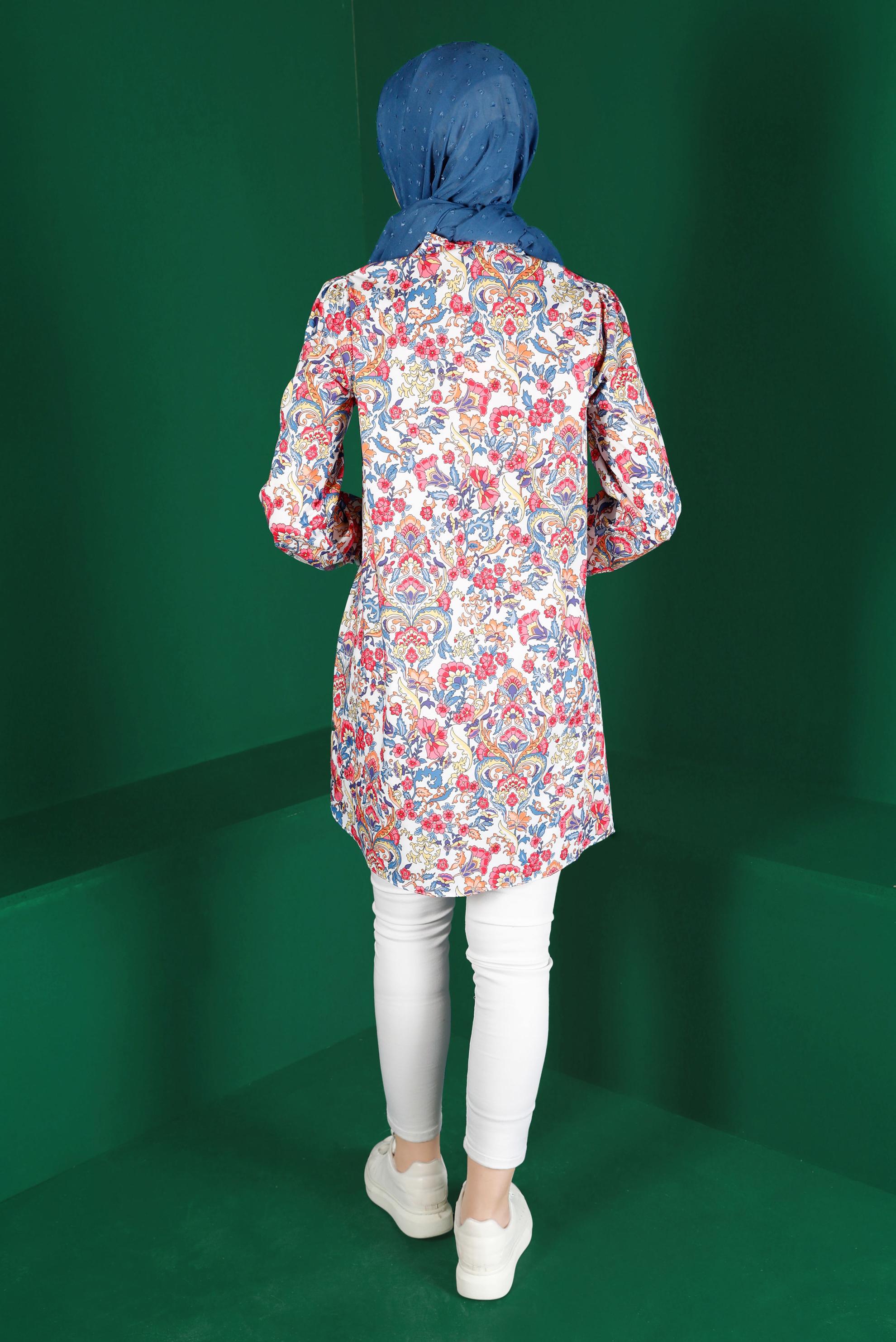 Tesettür giyim FUŞYA ÇİÇEK DESENLİ DÜĞMELİ TUNİK 42912 