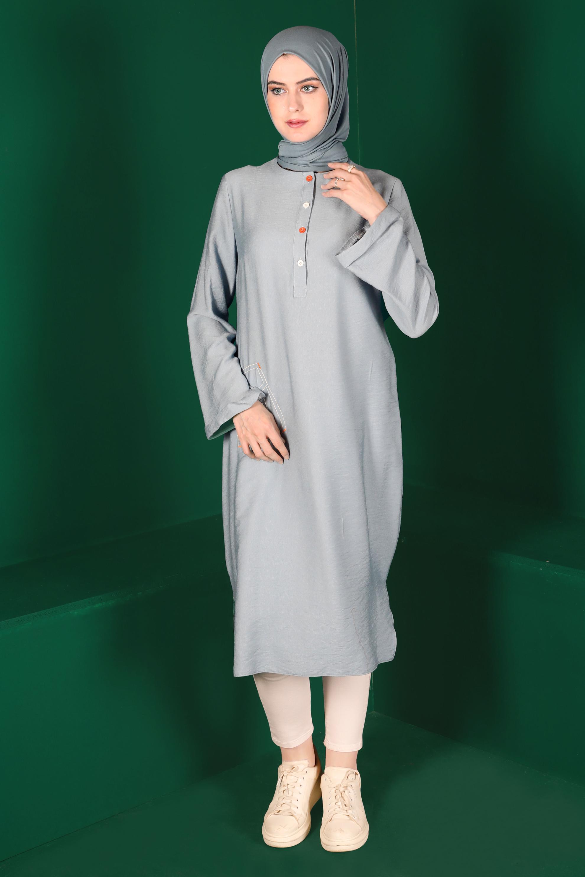 Tesettür giyim GRİ RENKLİ DÜĞMELİ UZUN TUNİK 42914