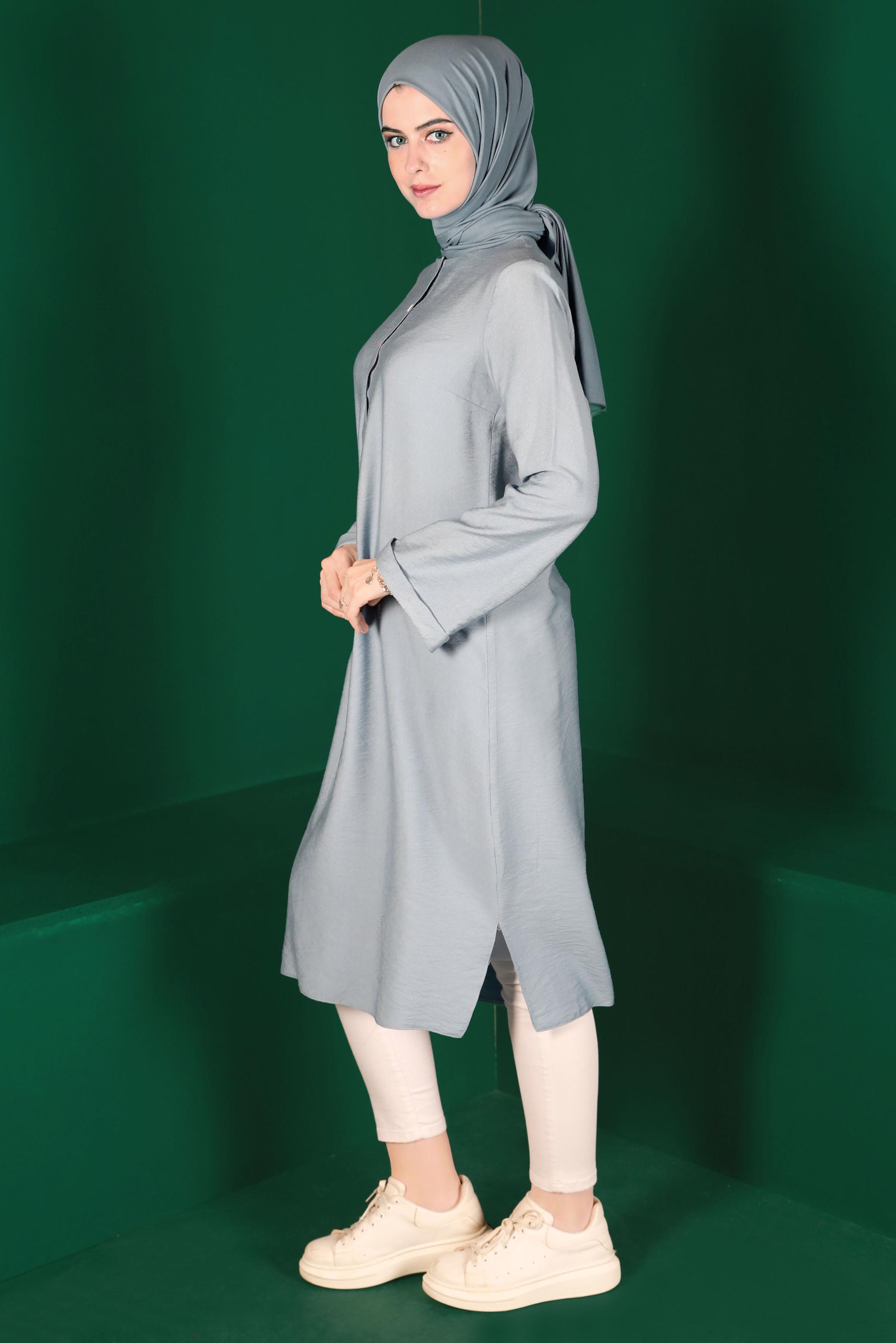Tesettür giyim GRİ RENKLİ DÜĞMELİ UZUN TUNİK 42914