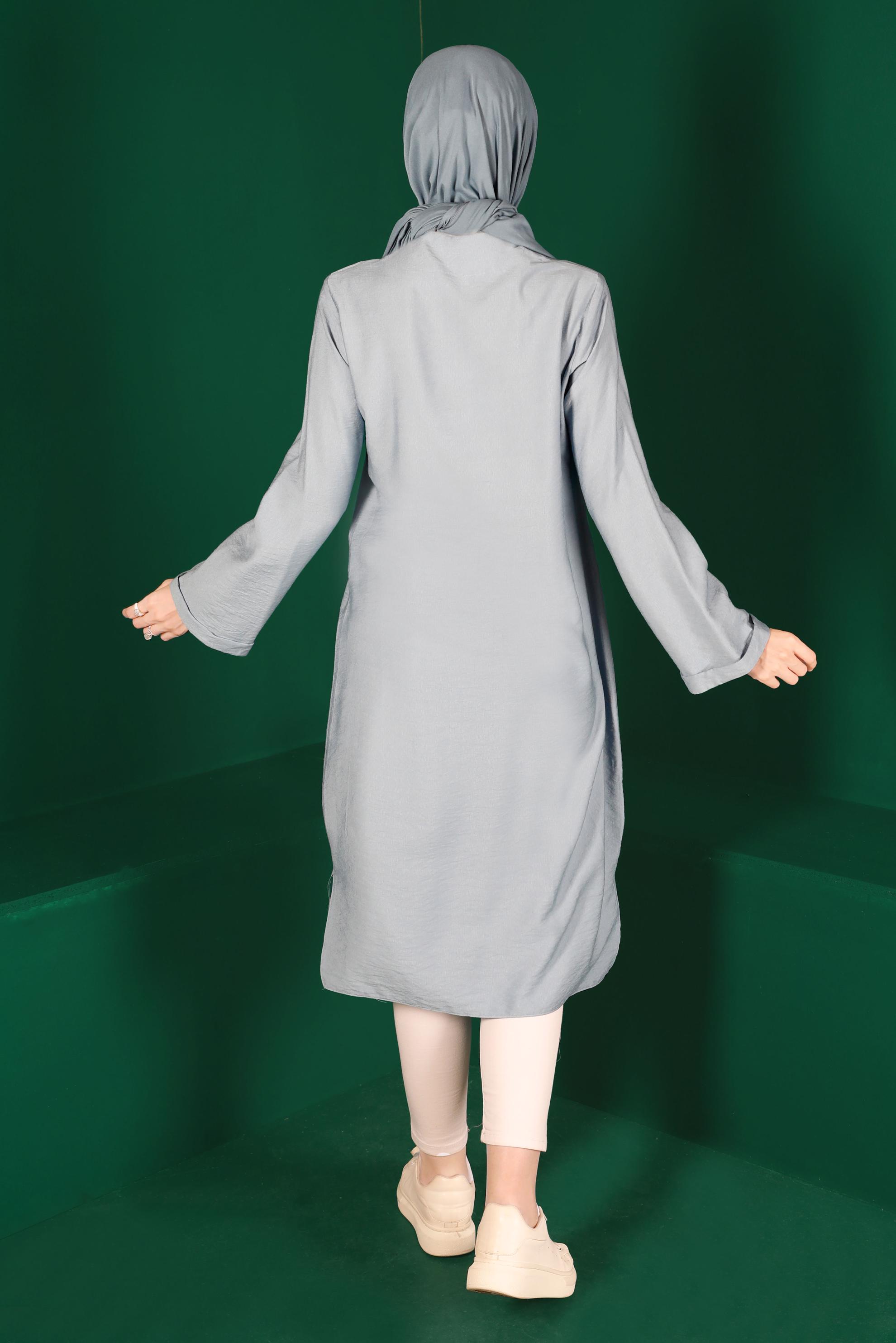 Tesettür giyim GRİ RENKLİ DÜĞMELİ UZUN TUNİK 42914