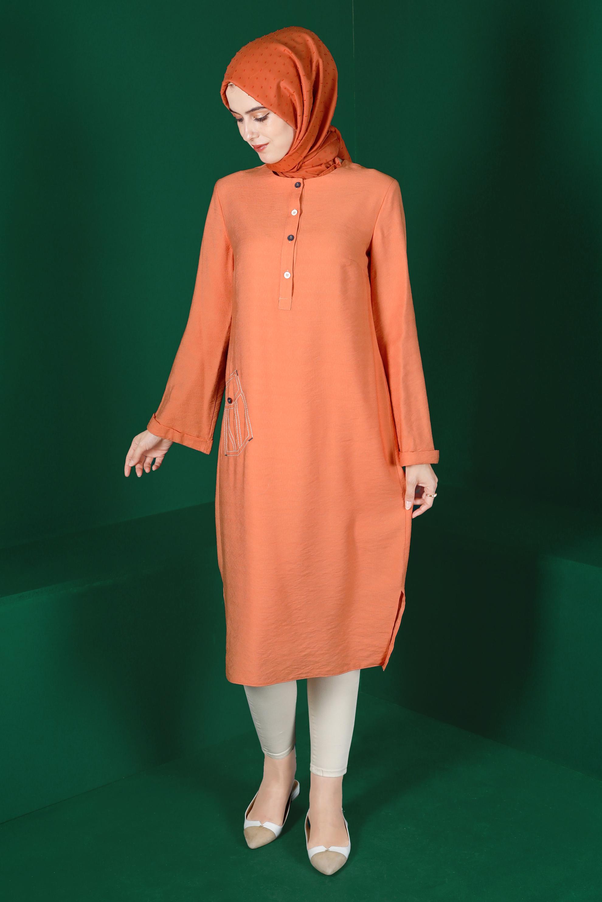 Tesettür giyim TURUNCU RENKLİ DÜĞMELİ UZUN TUNİK 42914