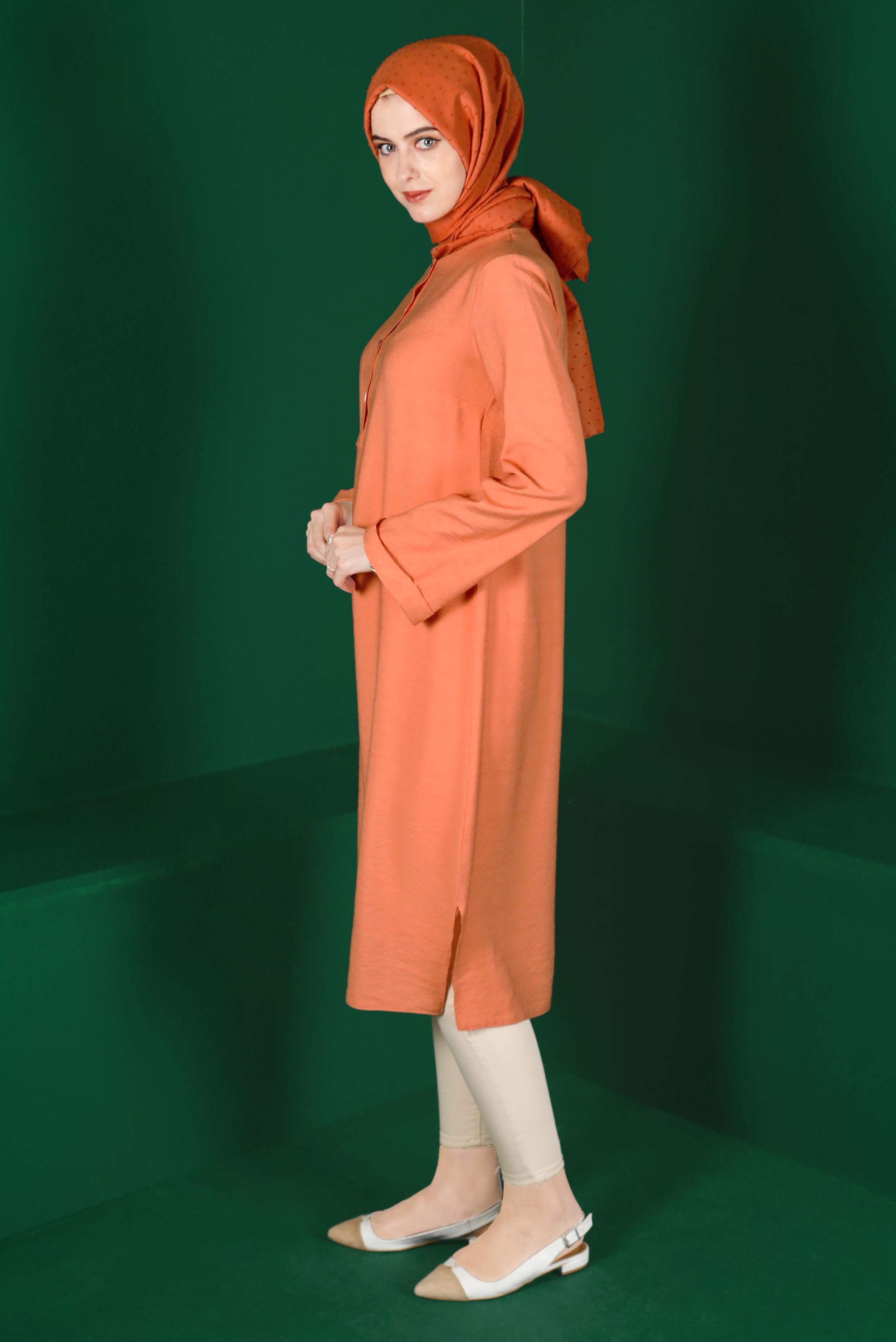 Tesettür giyim TURUNCU RENKLİ DÜĞMELİ UZUN TUNİK 42914