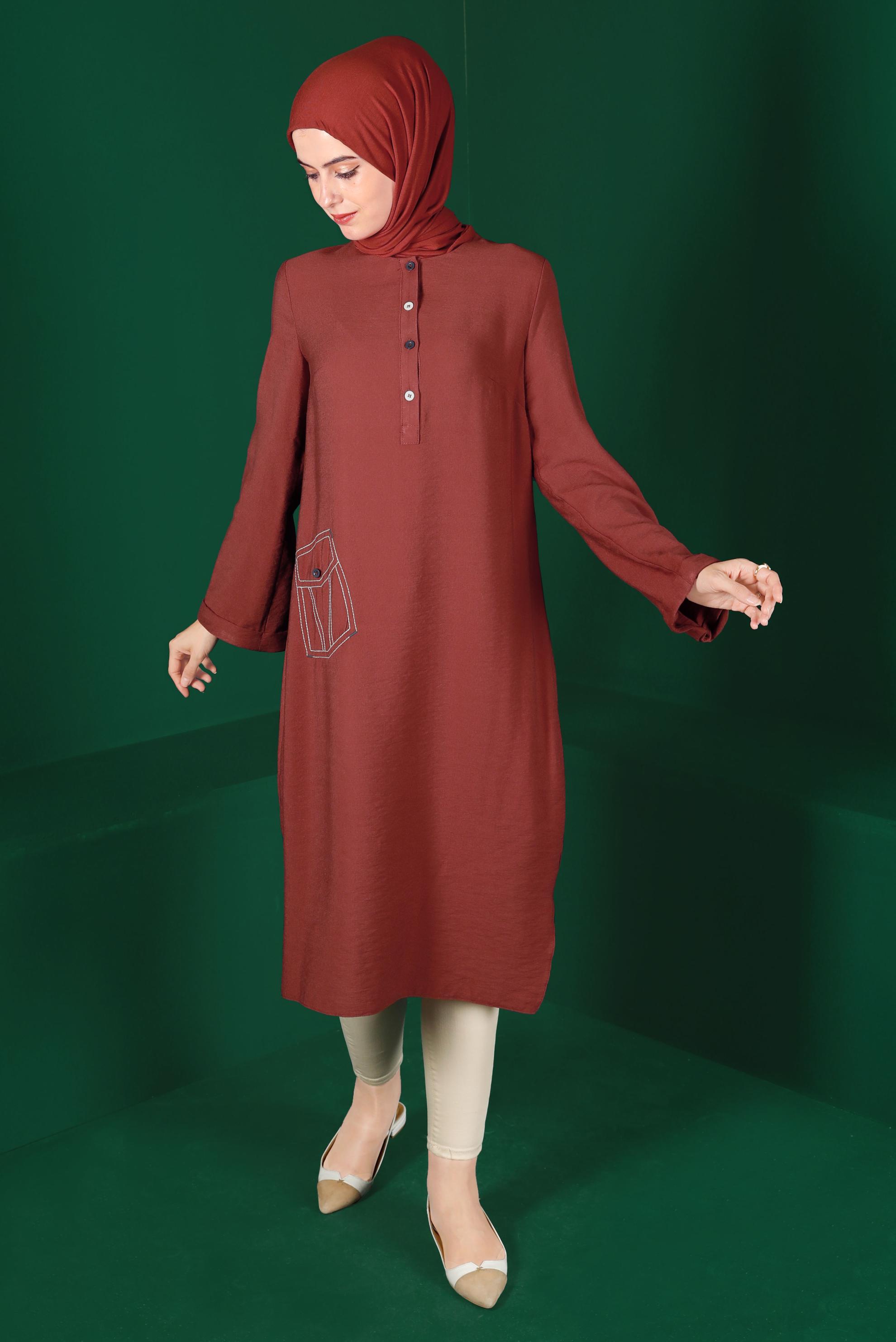 Tesettür giyim BORDO RENKLİ DÜĞMELİ UZUN TUNİK 42914