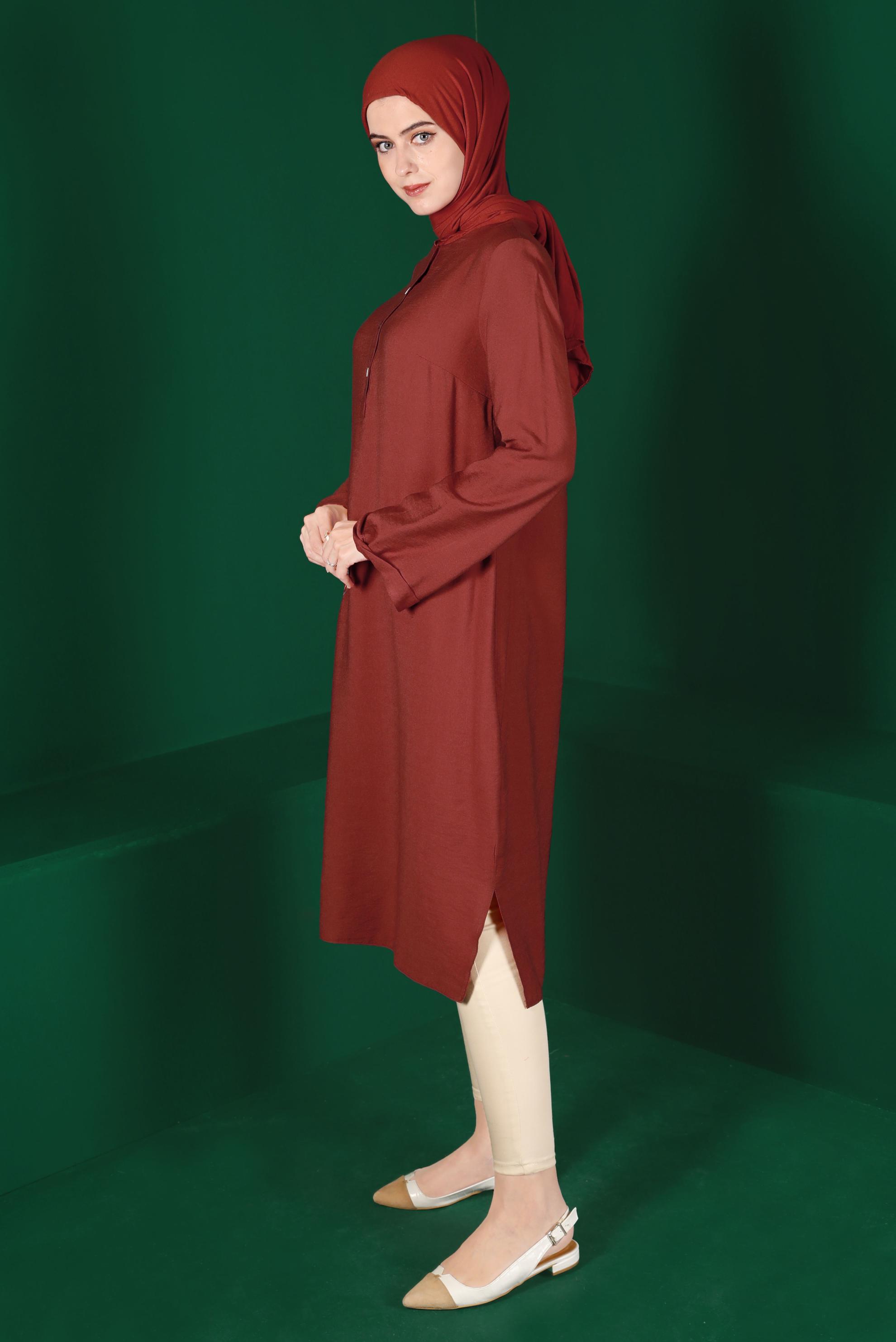 Tesettür giyim BORDO RENKLİ DÜĞMELİ UZUN TUNİK 42914