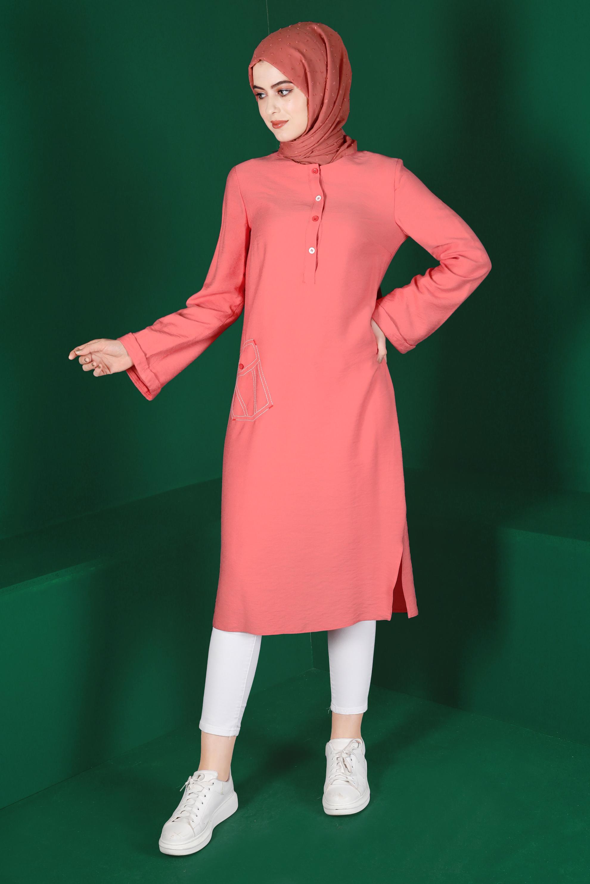 Tesettür giyim MERCAN RENKLİ DÜĞMELİ UZUN TUNİK 42914