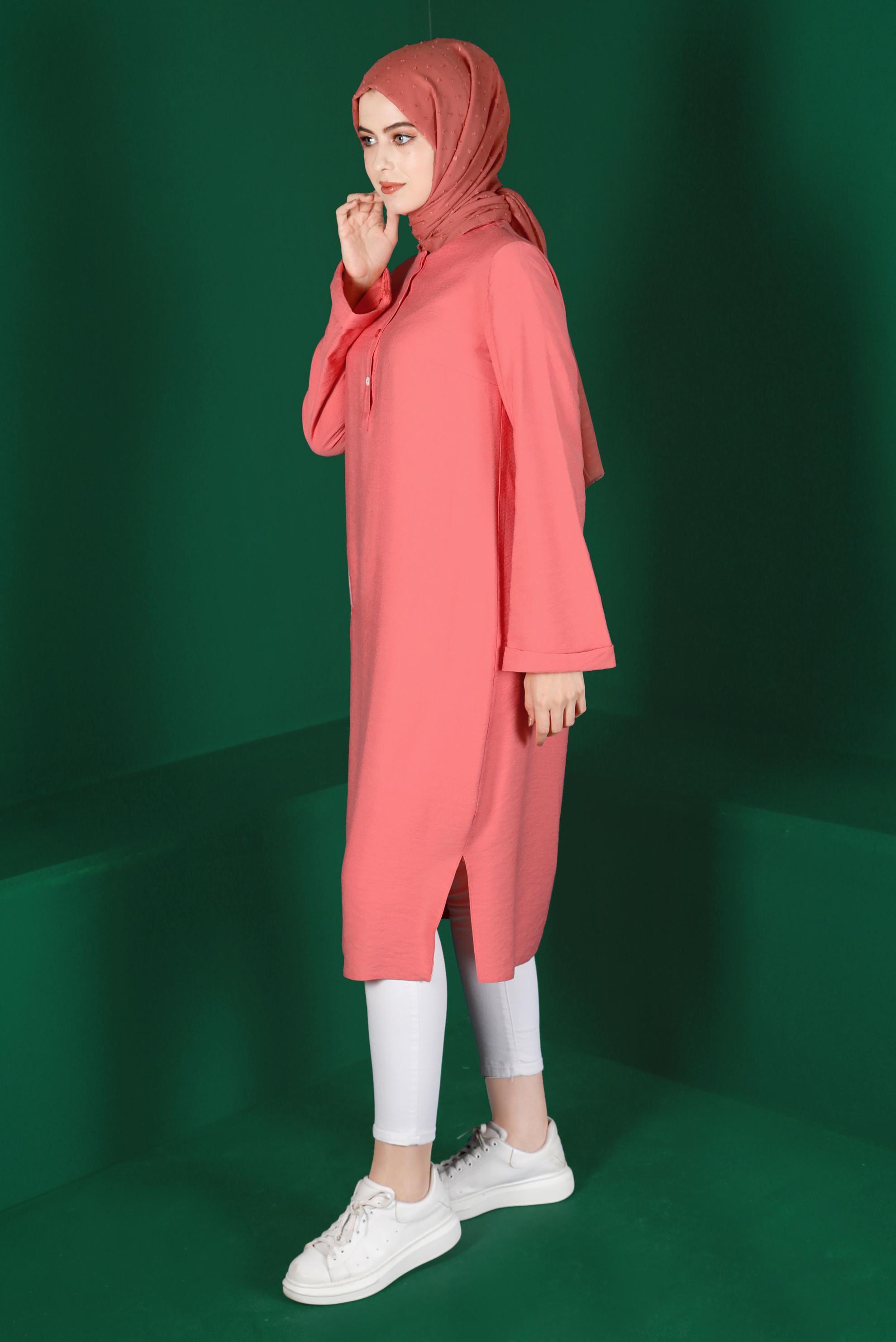 Tesettür giyim MERCAN RENKLİ DÜĞMELİ UZUN TUNİK 42914