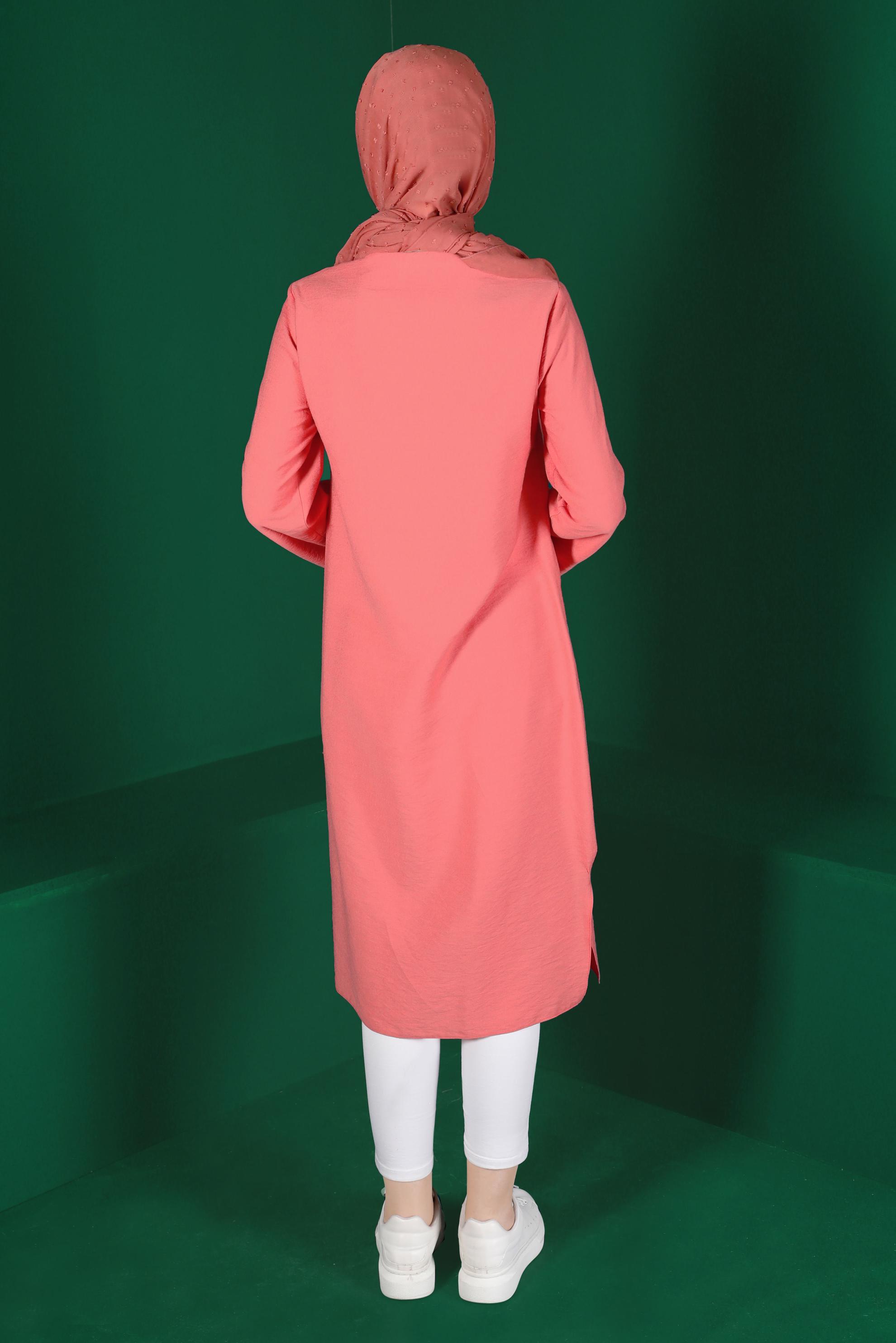 Tesettür giyim MERCAN RENKLİ DÜĞMELİ UZUN TUNİK 42914