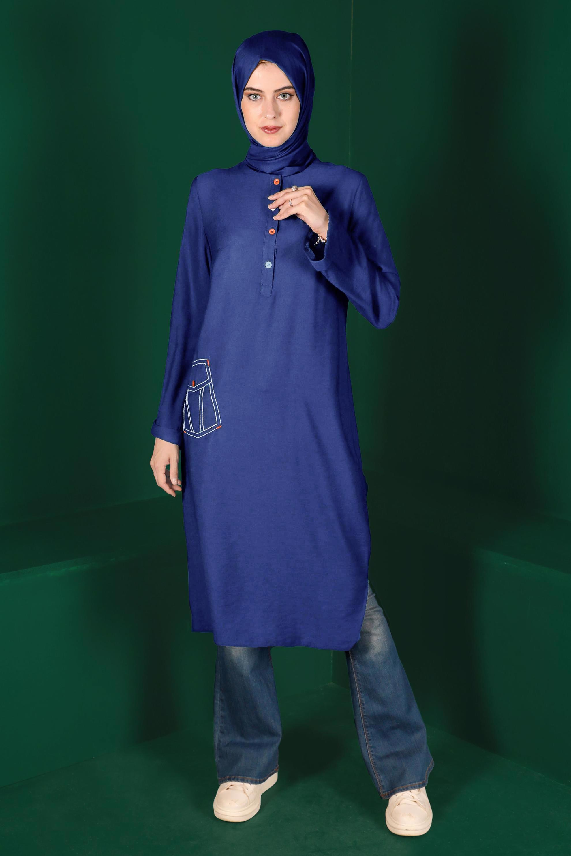 Tesettür giyim LACİVERT RENKLİ DÜĞMELİ UZUN TUNİK 42914