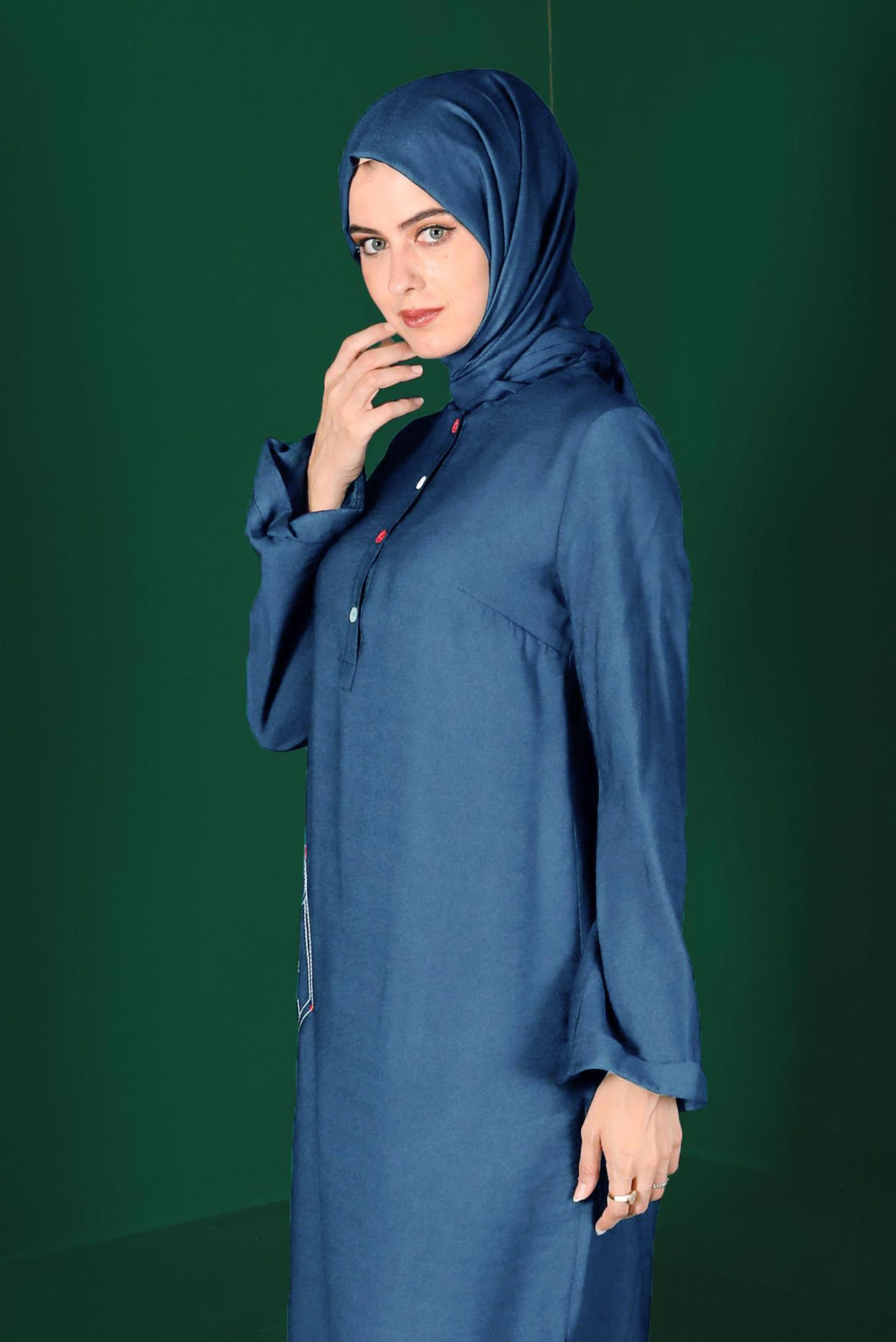 Tesettür giyim MAVİ RENKLİ DÜĞMELİ UZUN TUNİK 42914