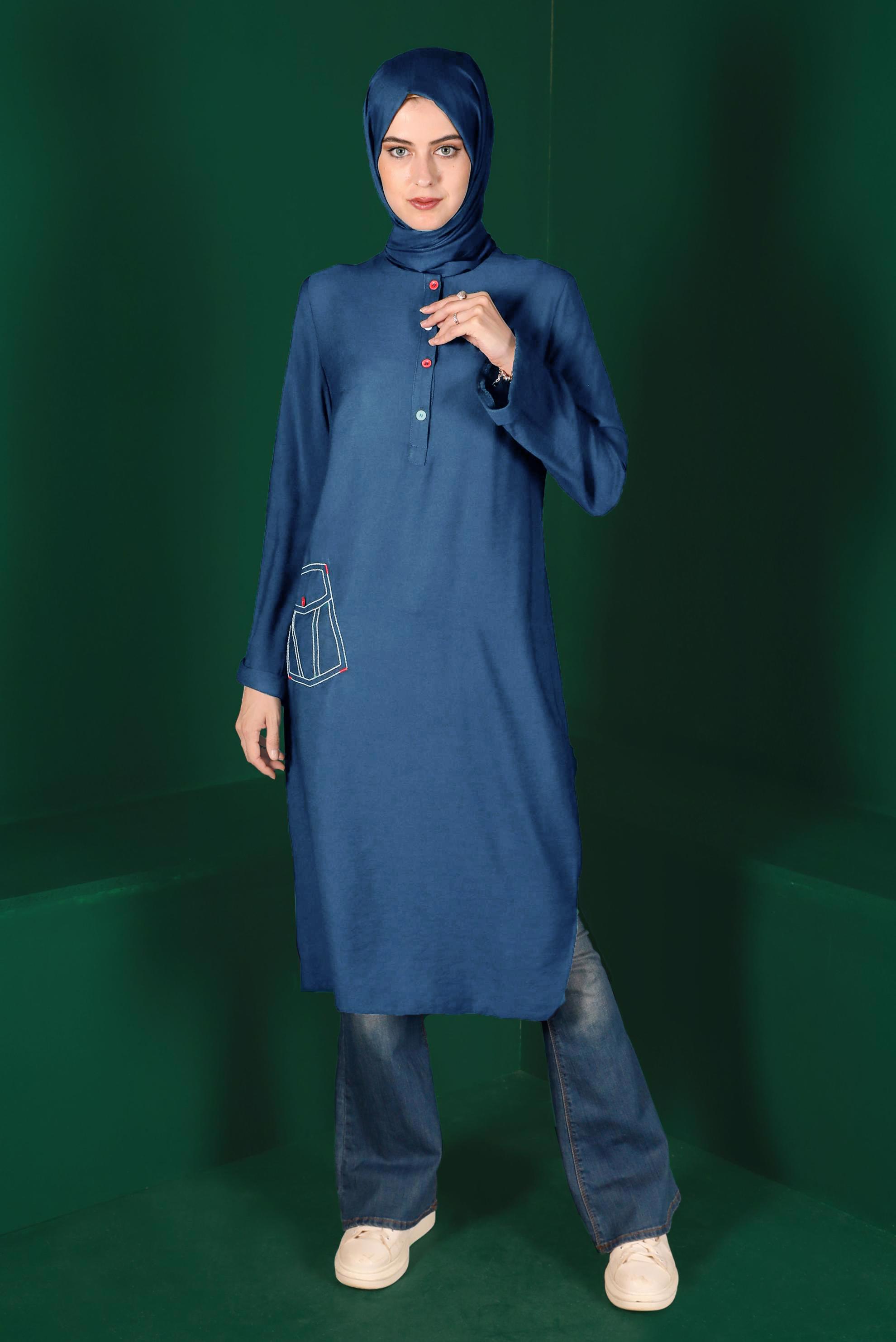 Tesettür giyim MAVİ RENKLİ DÜĞMELİ UZUN TUNİK 42914
