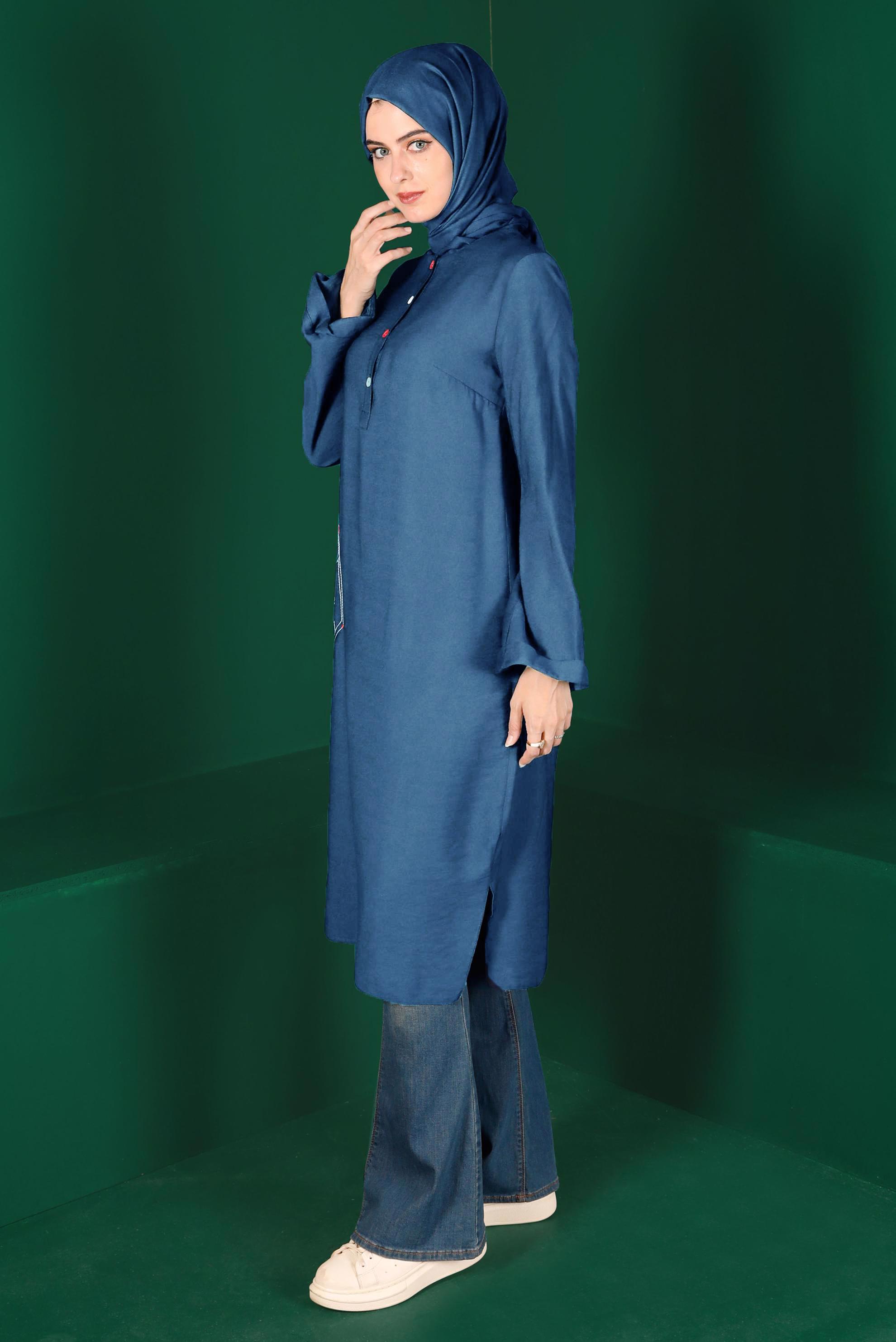 Tesettür giyim MAVİ RENKLİ DÜĞMELİ UZUN TUNİK 42914