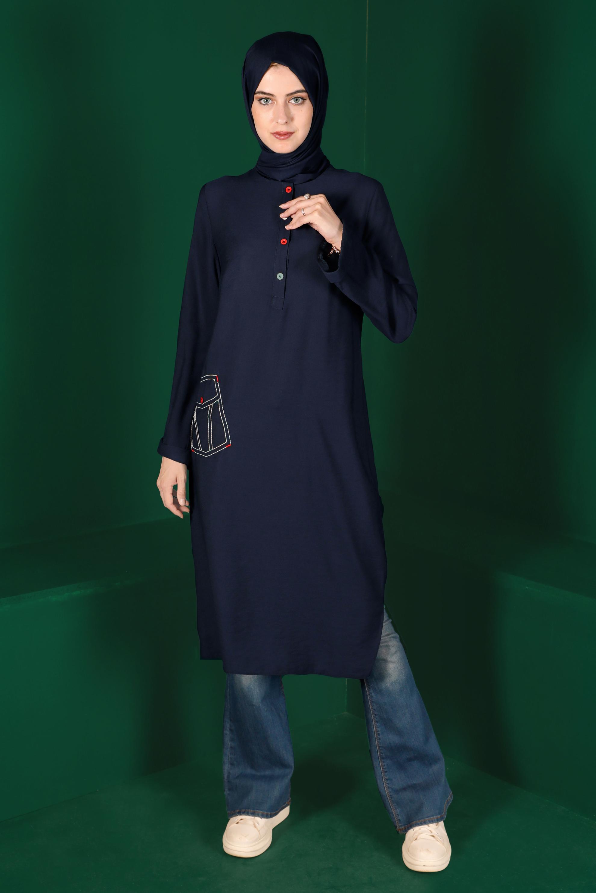 Tesettür giyim LACİVERT RENKLİ DÜĞMELİ UZUN TUNİK 42914