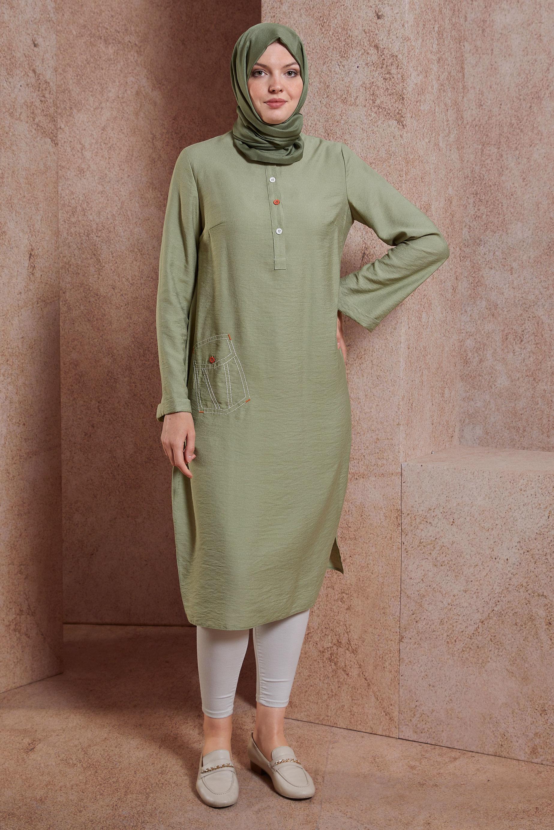 Tesettür giyim YEŞİL RENKLİ DÜĞMELİ UZUN TUNİK 42914