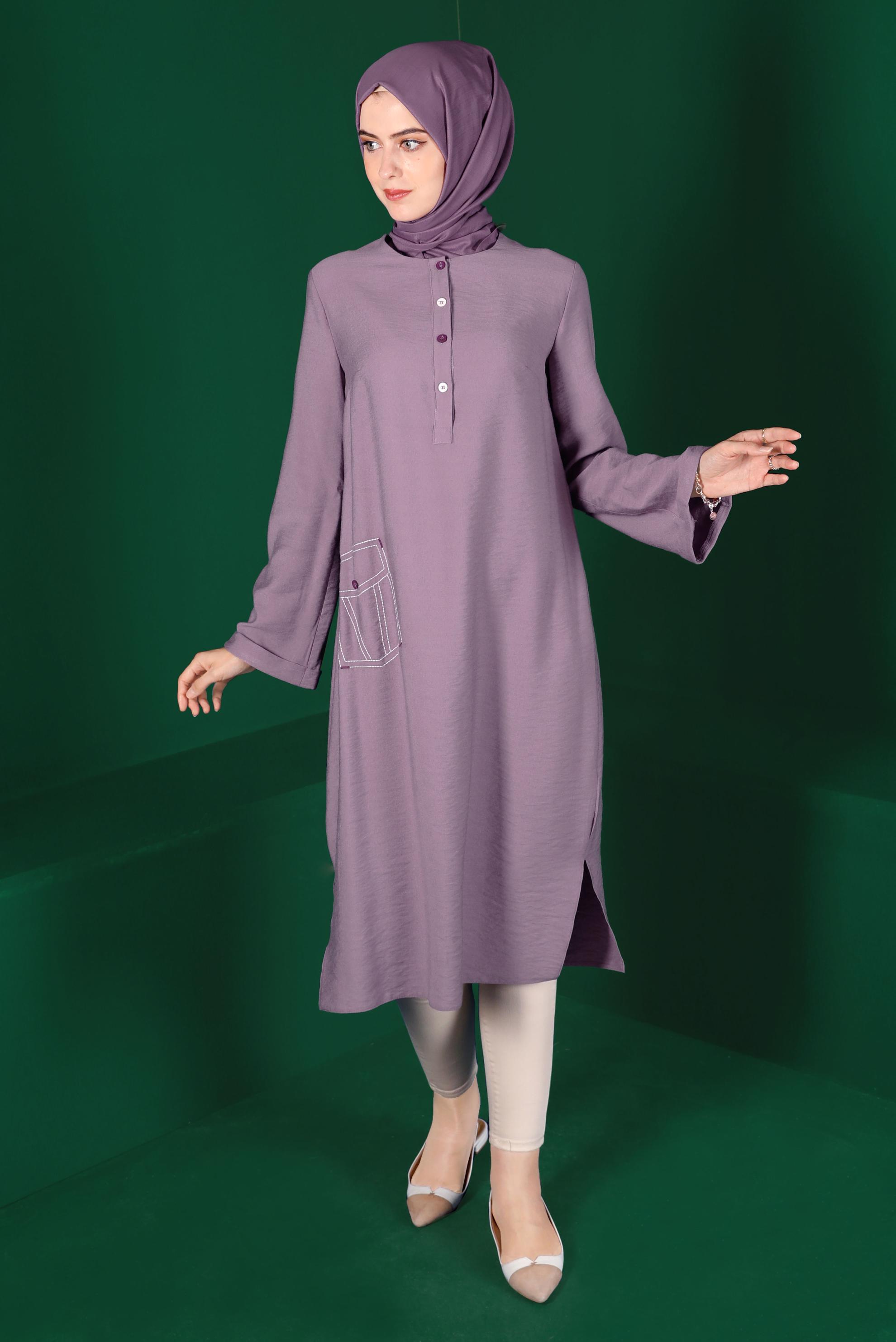 Tesettür giyim MOR RENKLİ DÜĞMELİ UZUN TUNİK 42914